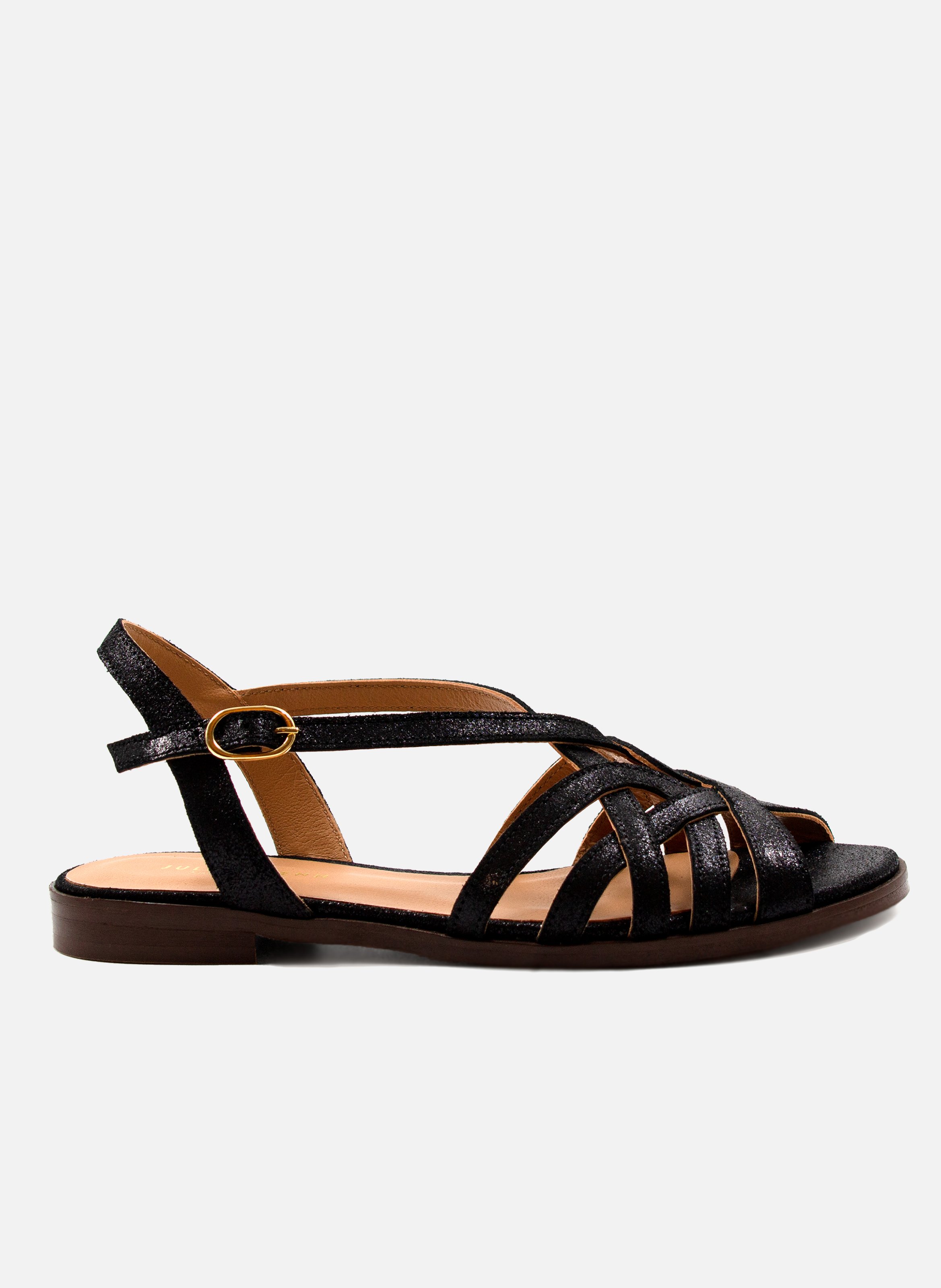 Sandales plates brides cuir métallisé  Noir