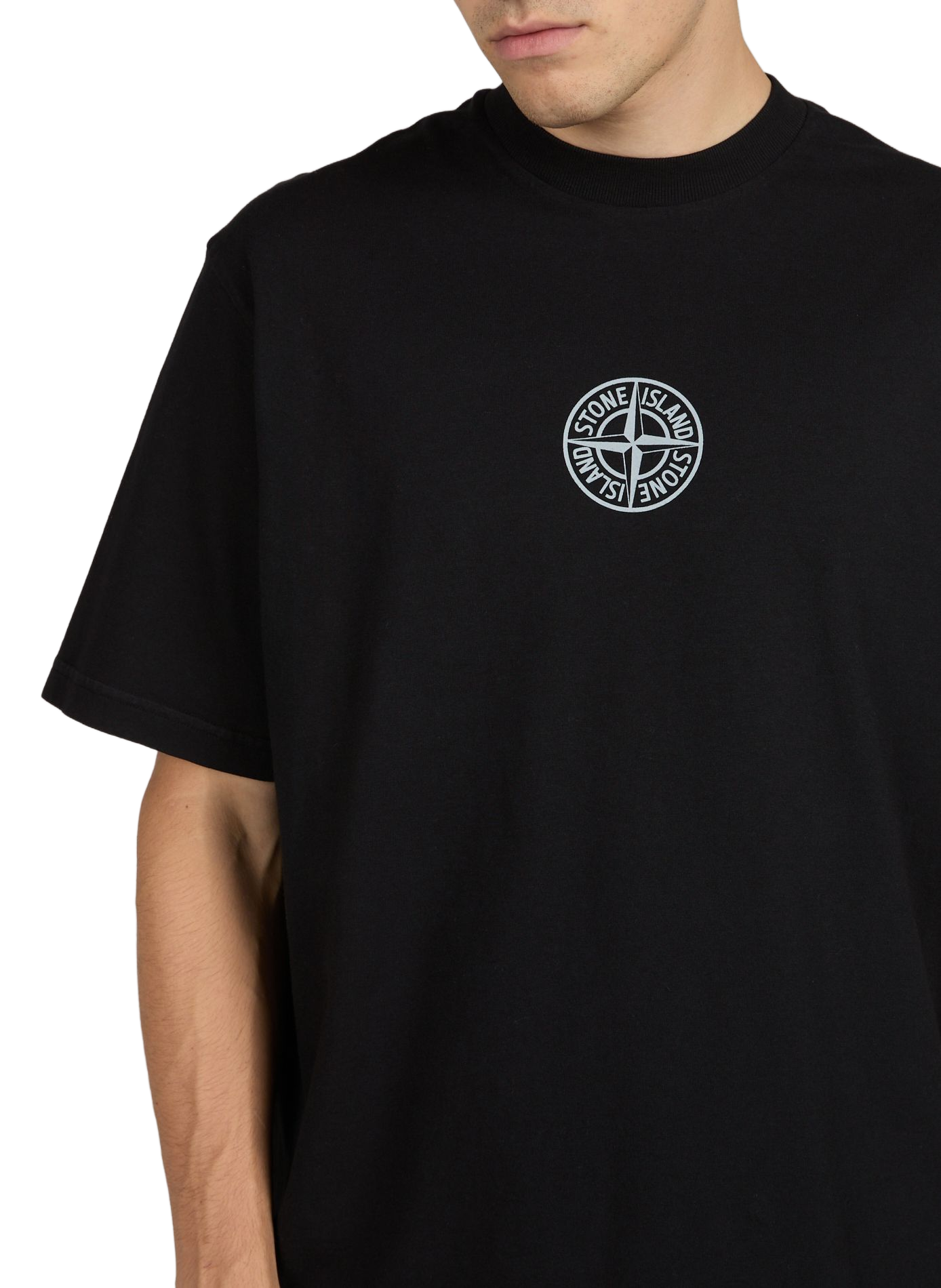 T-Shirt mit kurzen Ärmeln und Schriftzug auf der Rückseite aus Baumwolle. STONE ISLAND Schwarz