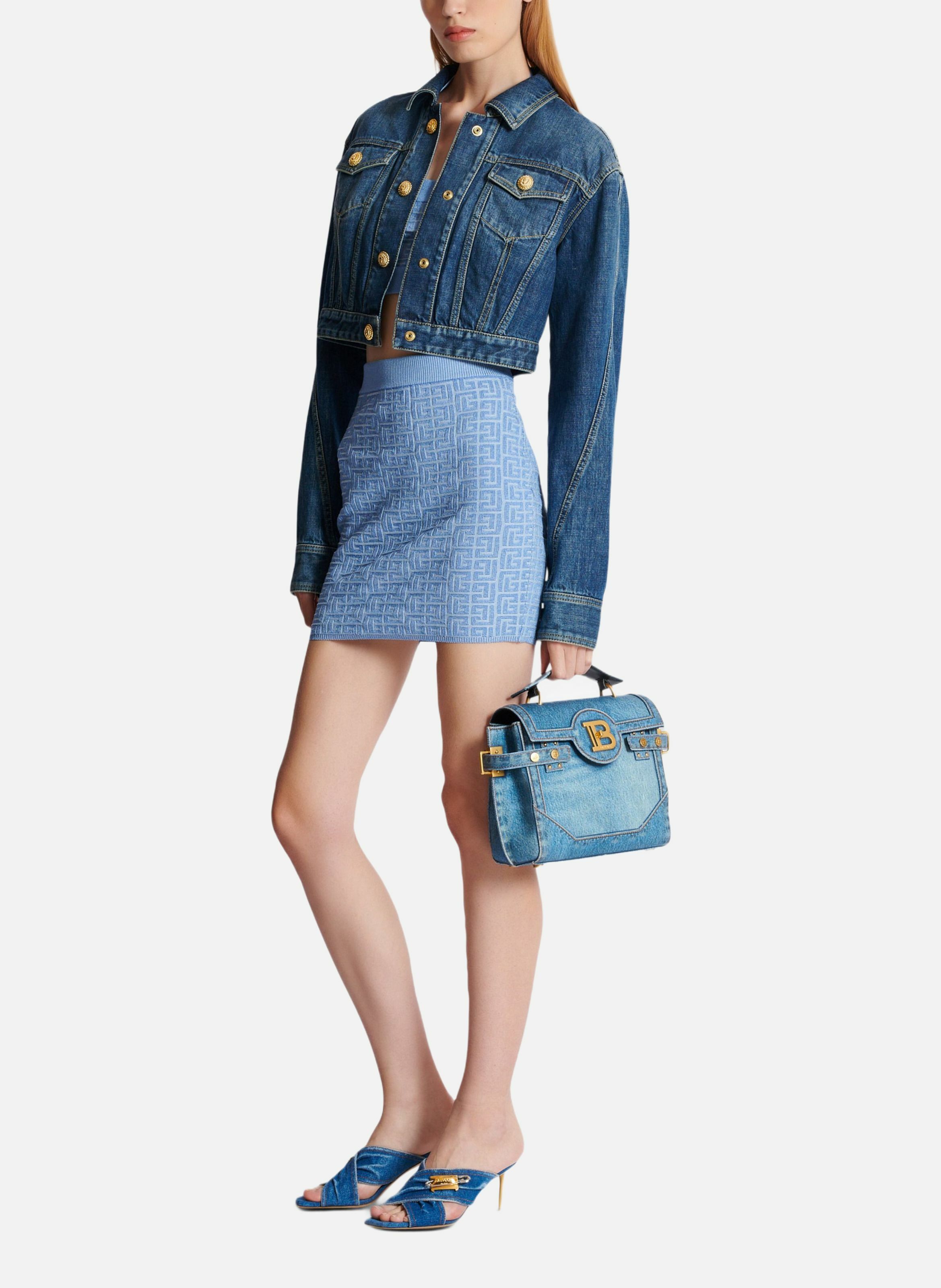 Jupe courte en maille à monogramme pb labyrinthe BALMAIN Bleu