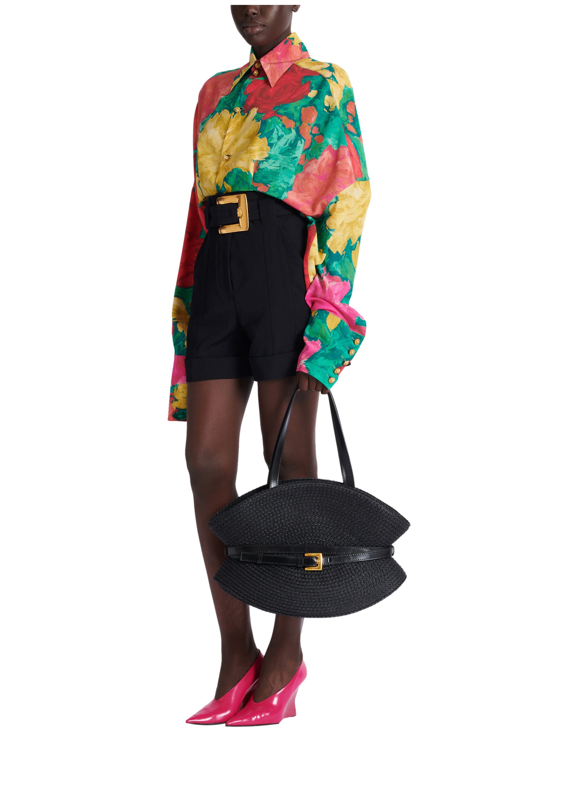 Sac shuffle medium en raphia et cuir de veau BALMAIN Noir