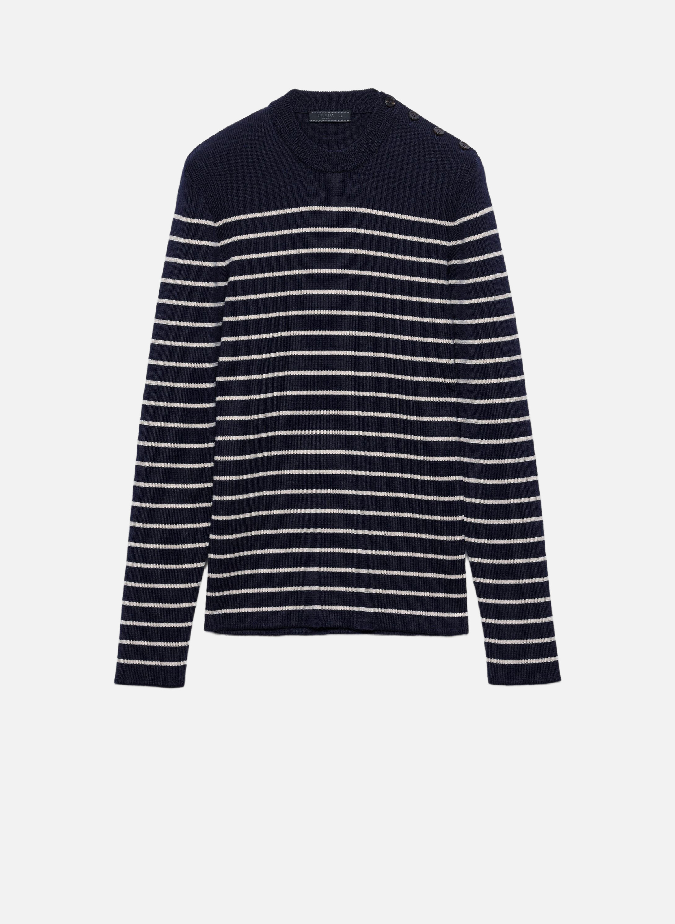 Pull à col rond en laine extra fine rayée PRADA Bleu
