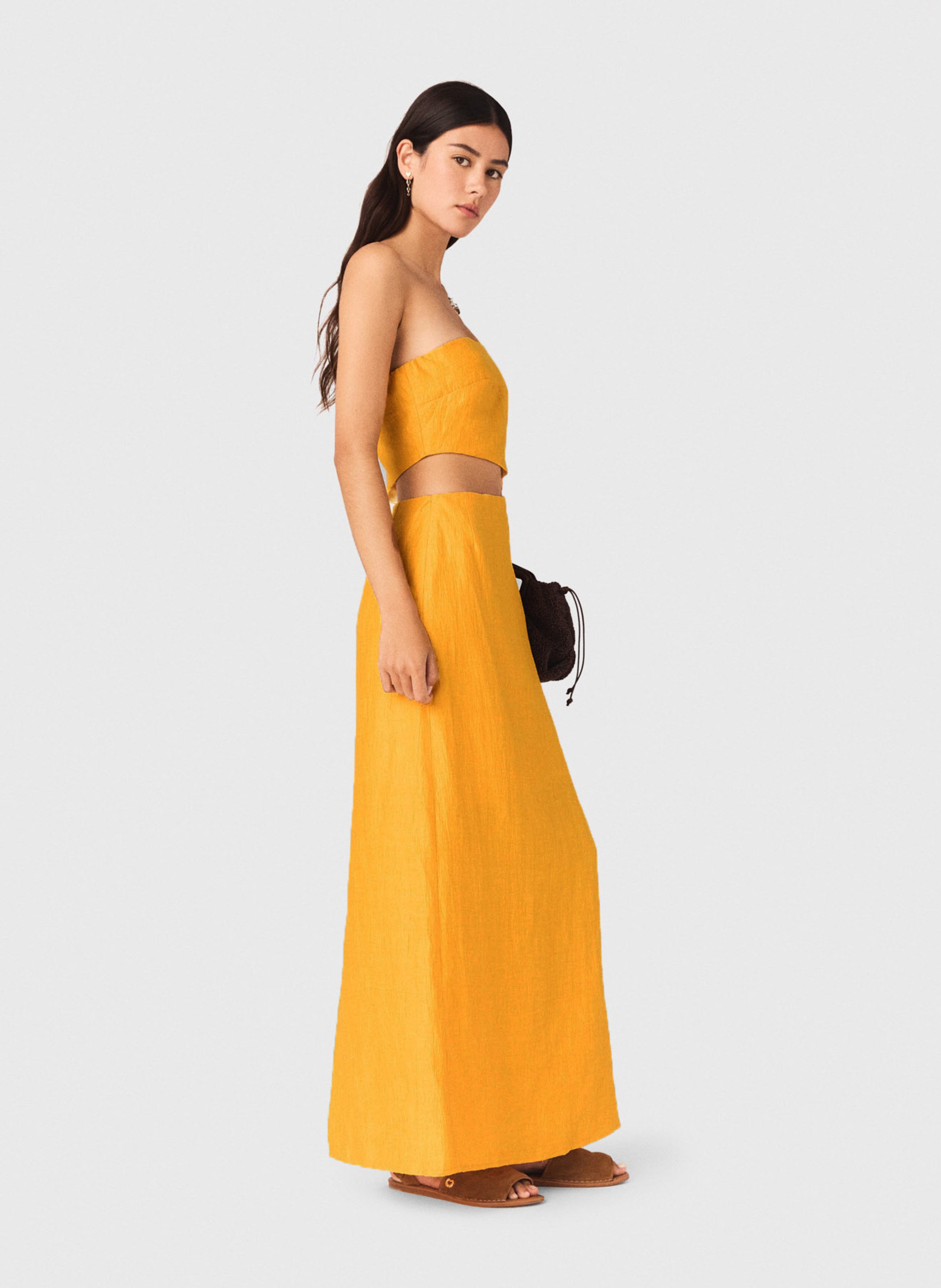 Robe longue unie en lin mélangé Orange