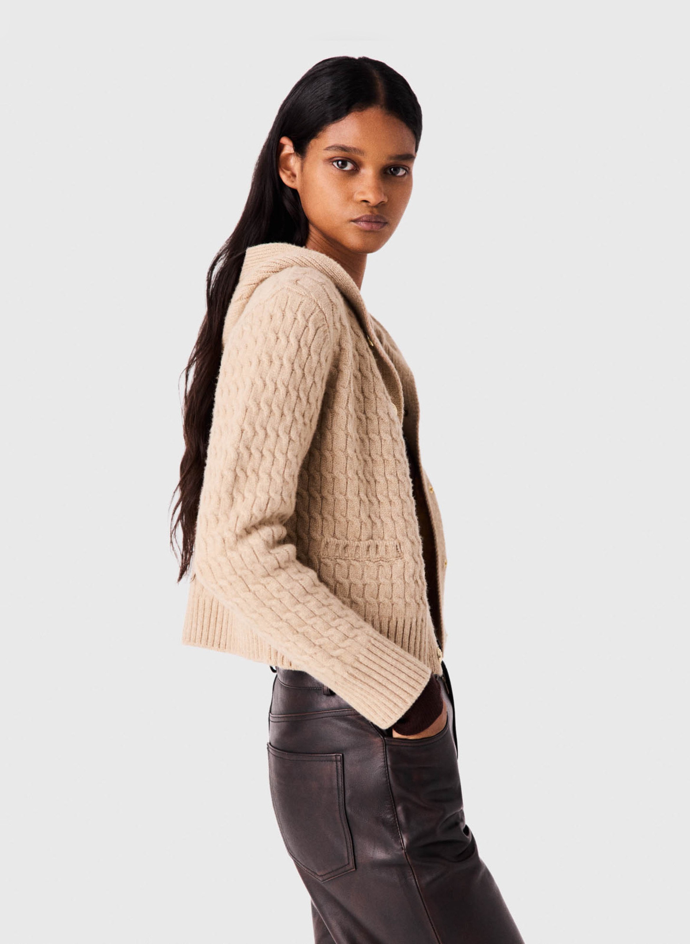 Cardigan col capuche en laine MAJE Beige