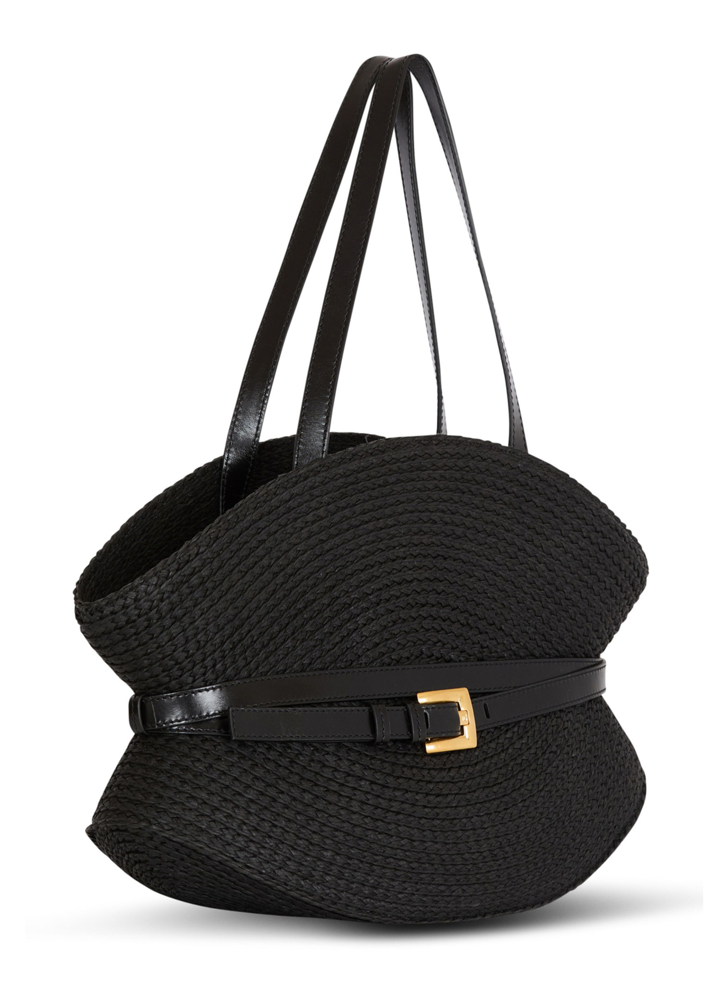 Sac shuffle medium en raphia et cuir de veau BALMAIN Noir