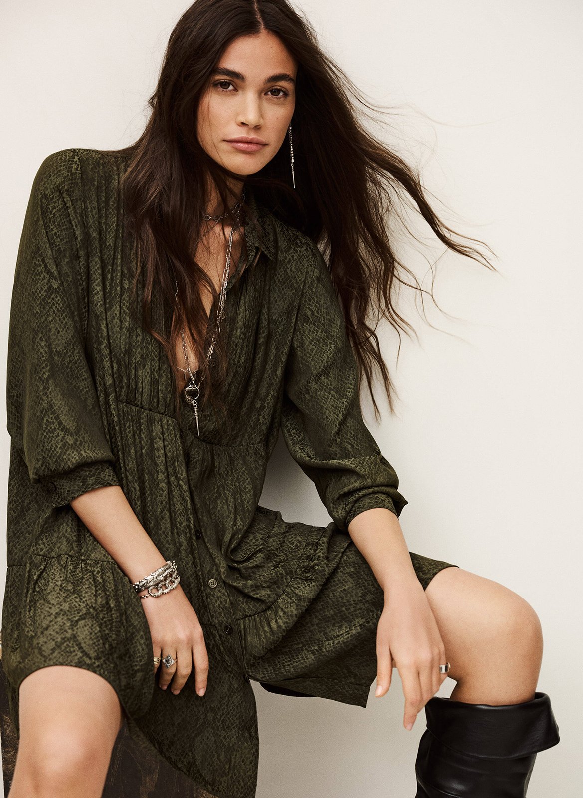 Robe courte col classique imprimée rosyna BA&SH Kaki