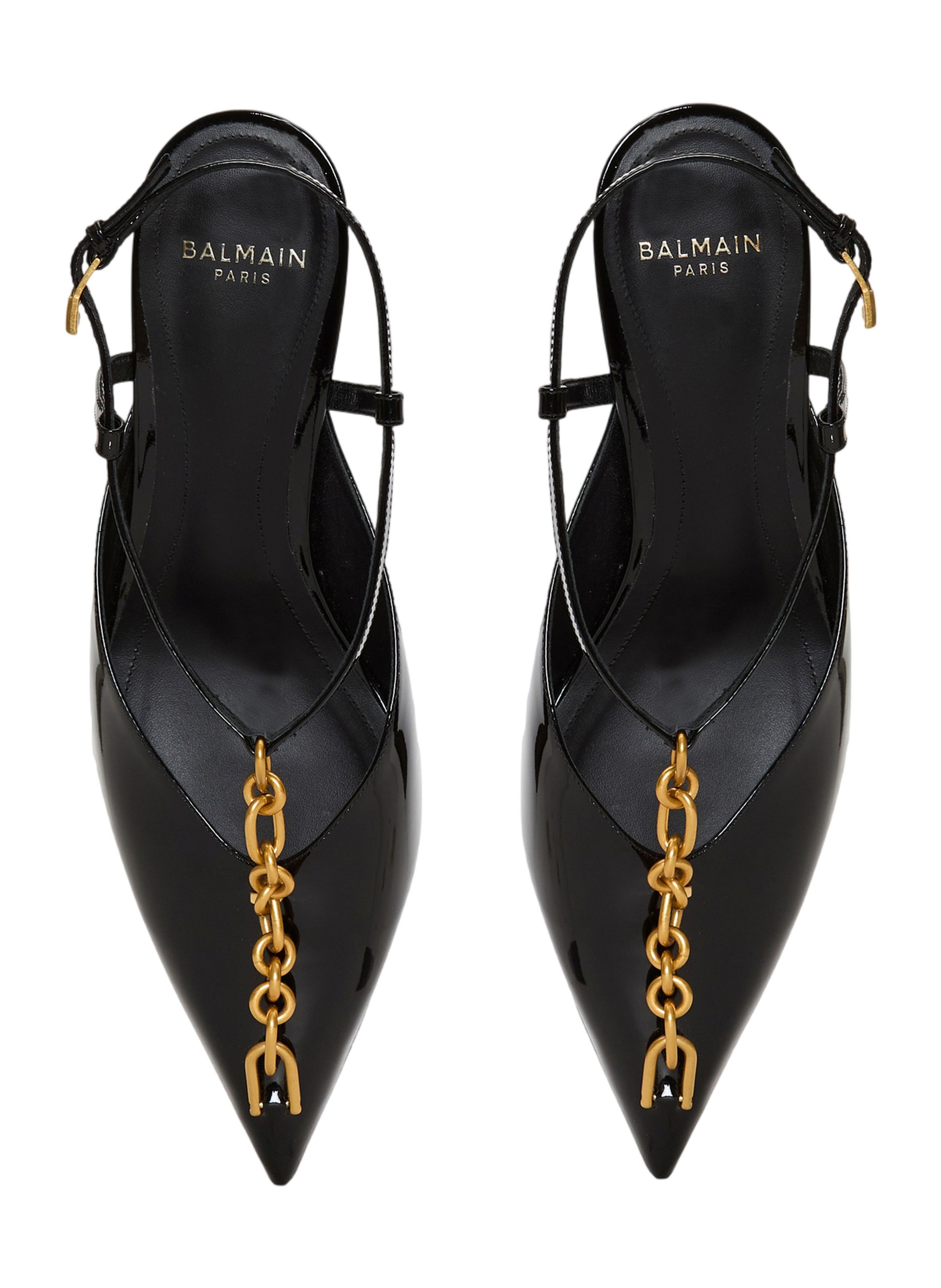 Slingbacks sync à talons en cuir verni avec chaîne BALMAIN Noir