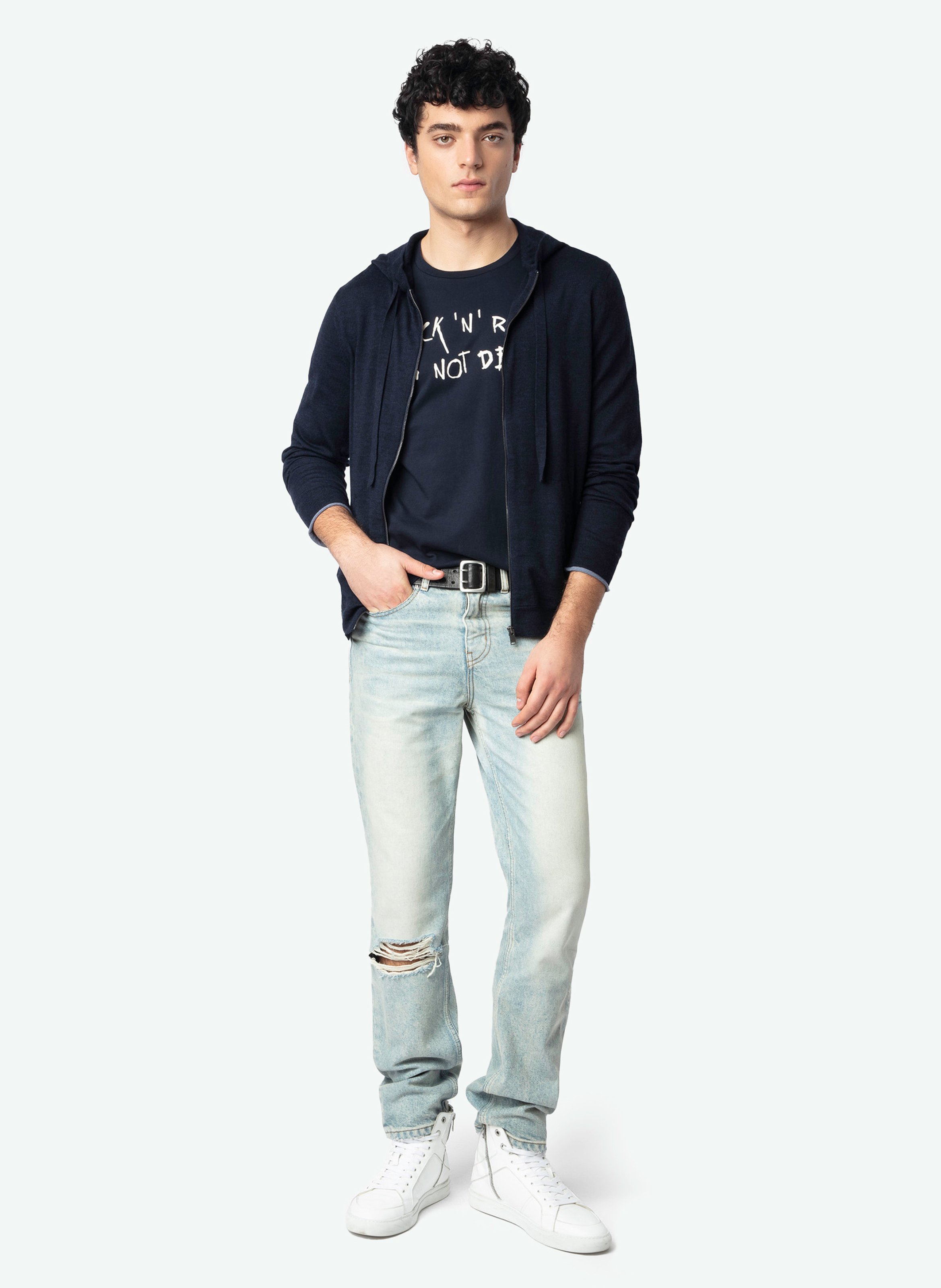 Gilet à capuche zippé en laine mérinos clash ZADIG&VOLTAIRE Bleu