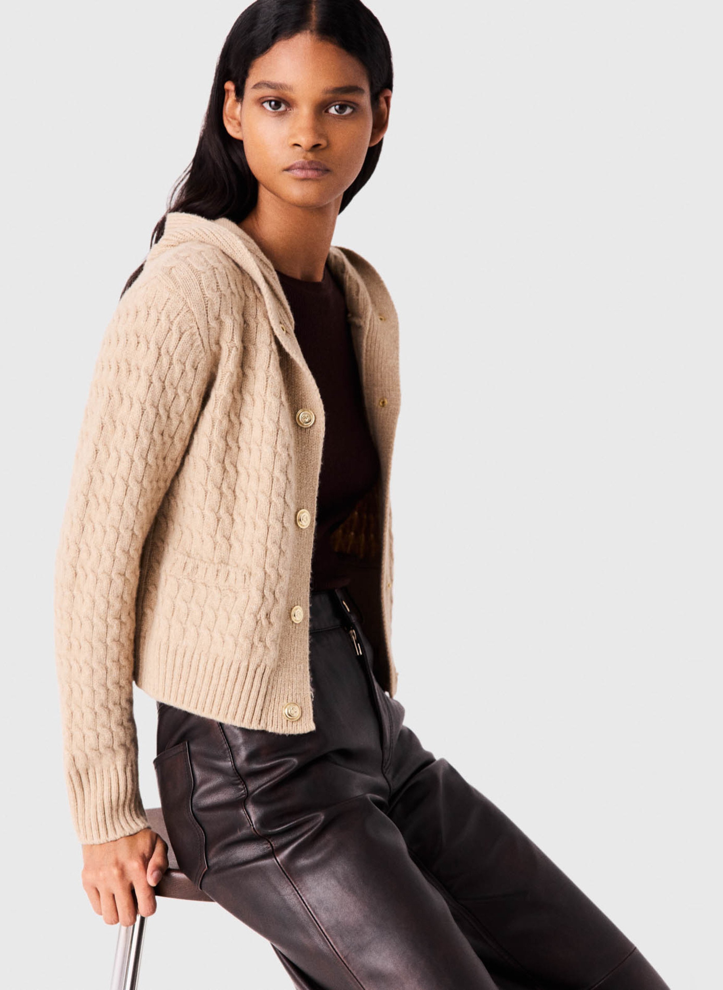 Cardigan col capuche en laine MAJE Beige