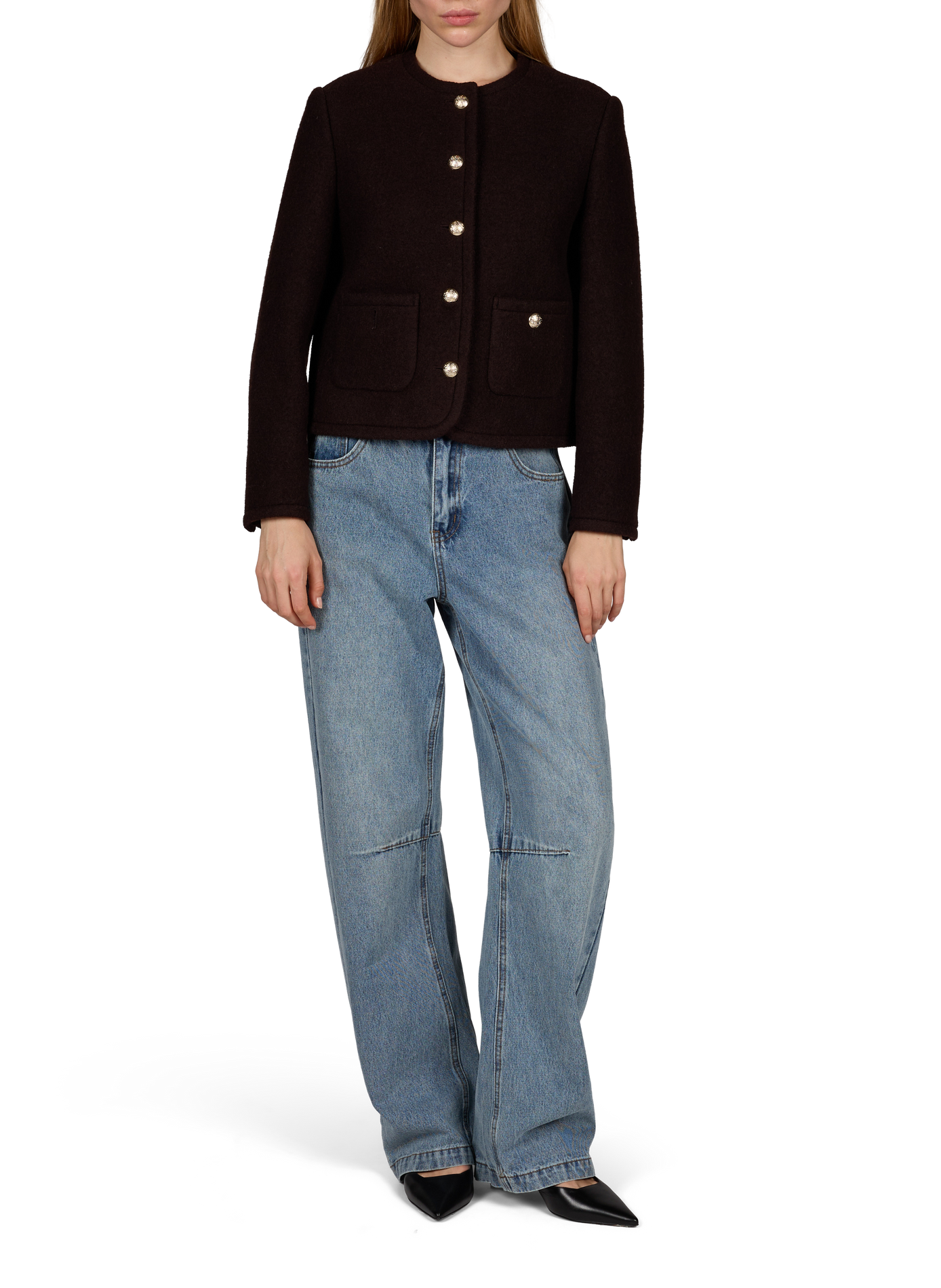 Gerade geschnittene Tweedjacke aus Wolle mit Rundhalsausschnitt DUNST Braun