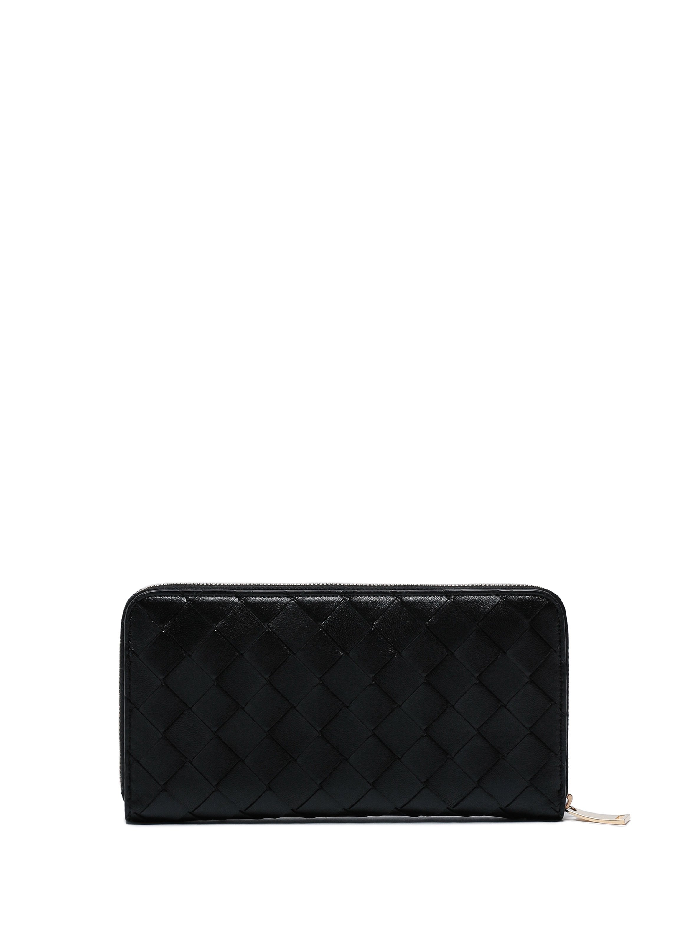 BOTTEGA VENETA Large, braided leather, zip-around wallet  Black
