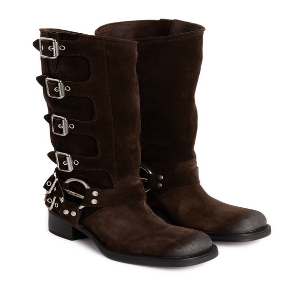 Miu Miu Leather Strap Boots In Brown