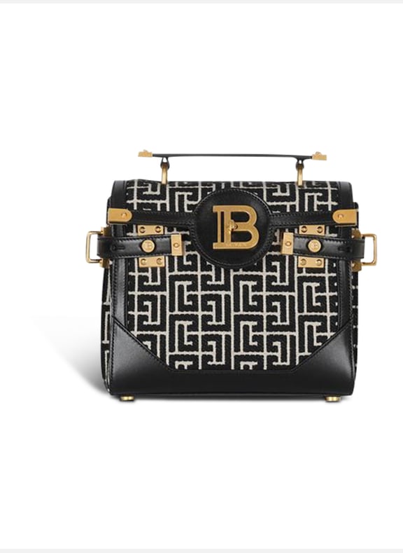 Sac b-buzz 23 en jacquard bicolore et empiècement en cuir Noir by BALMAIN BALMAIN Sac b-buzz 23 en jacquard bicolore et empiècement en cuir Noir