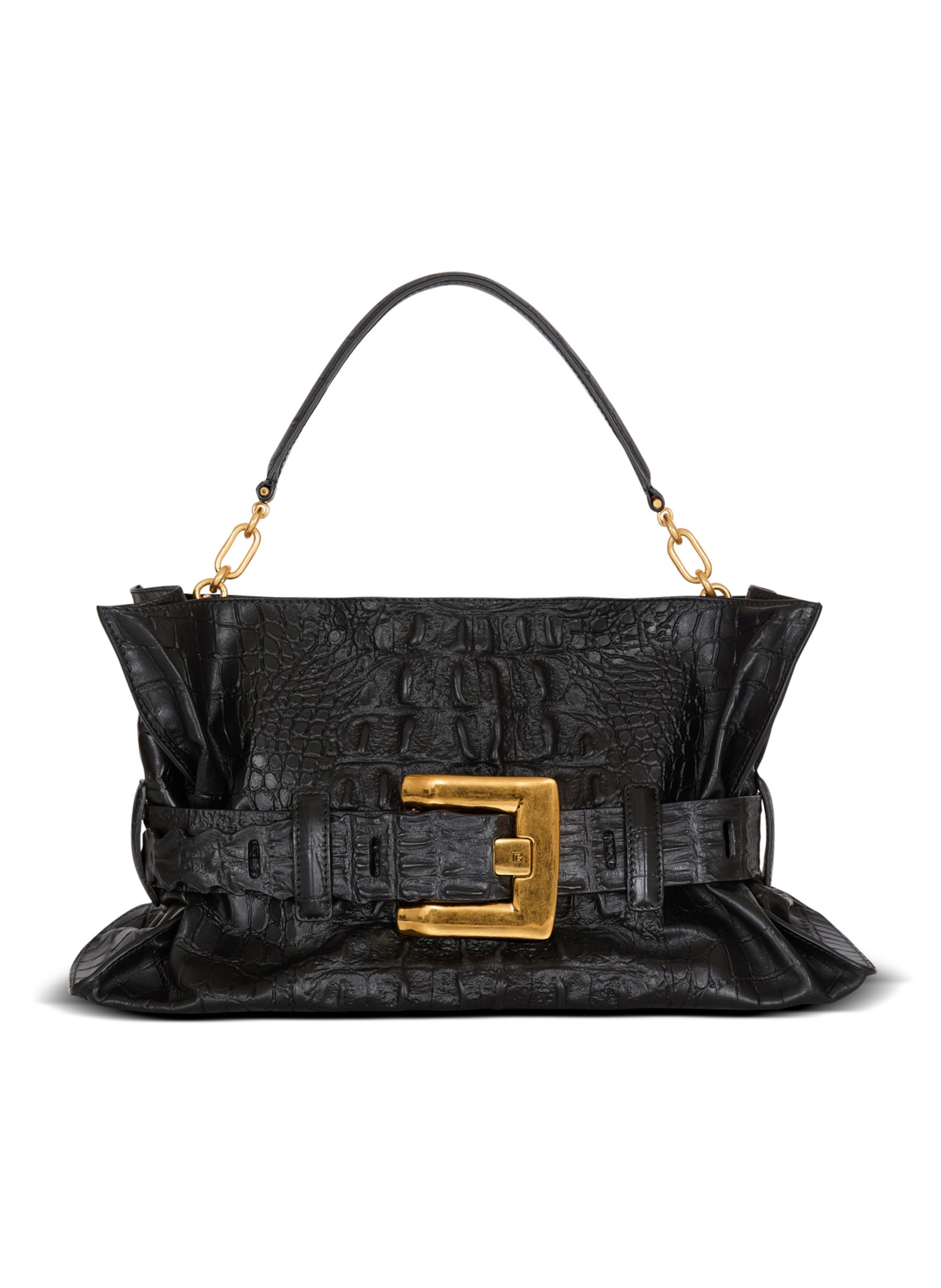 Sac anthem medium en cuir de veau embossé effet croco BALMAIN Noir