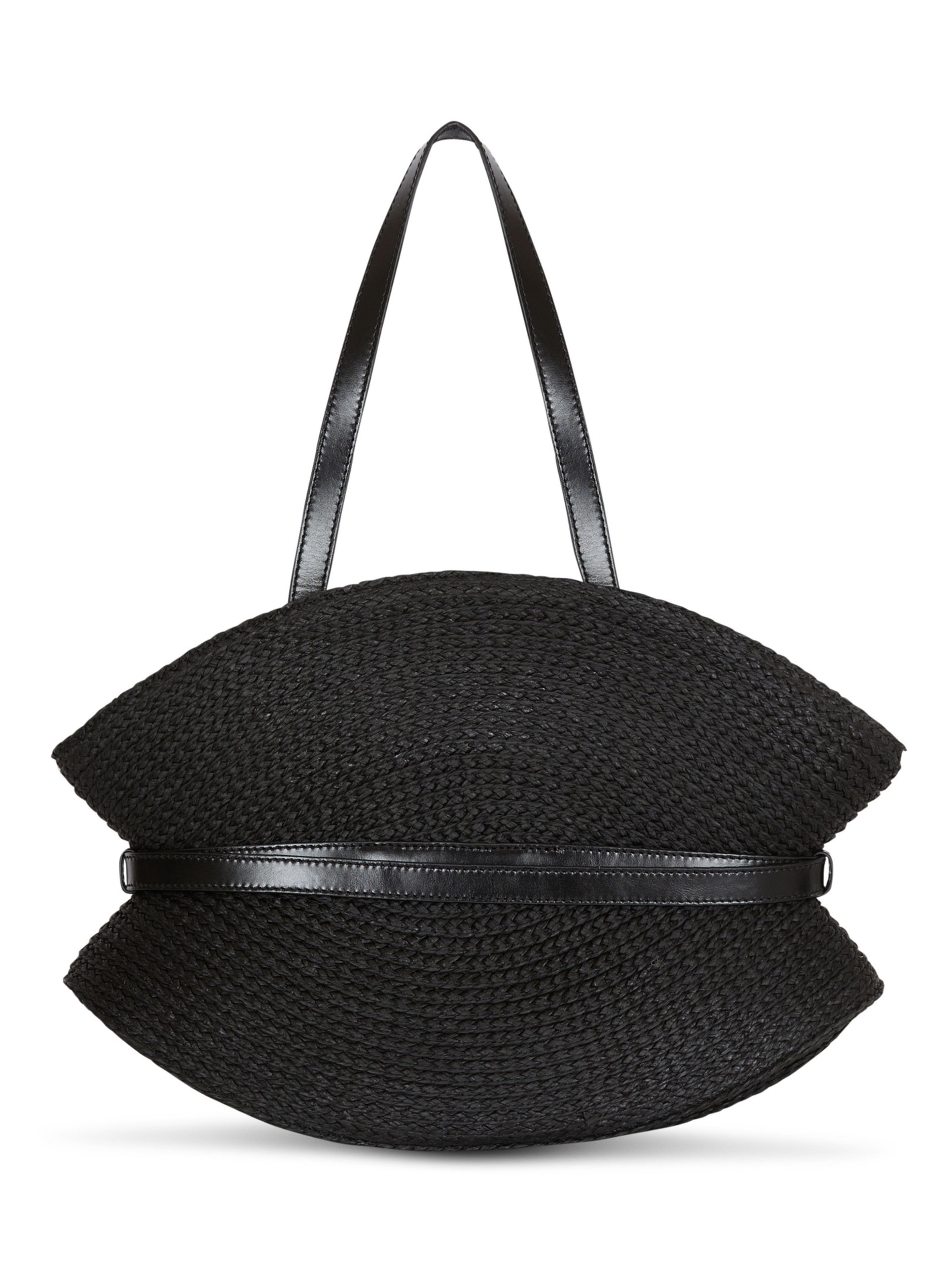 Sac shuffle medium en raphia et cuir de veau BALMAIN Noir