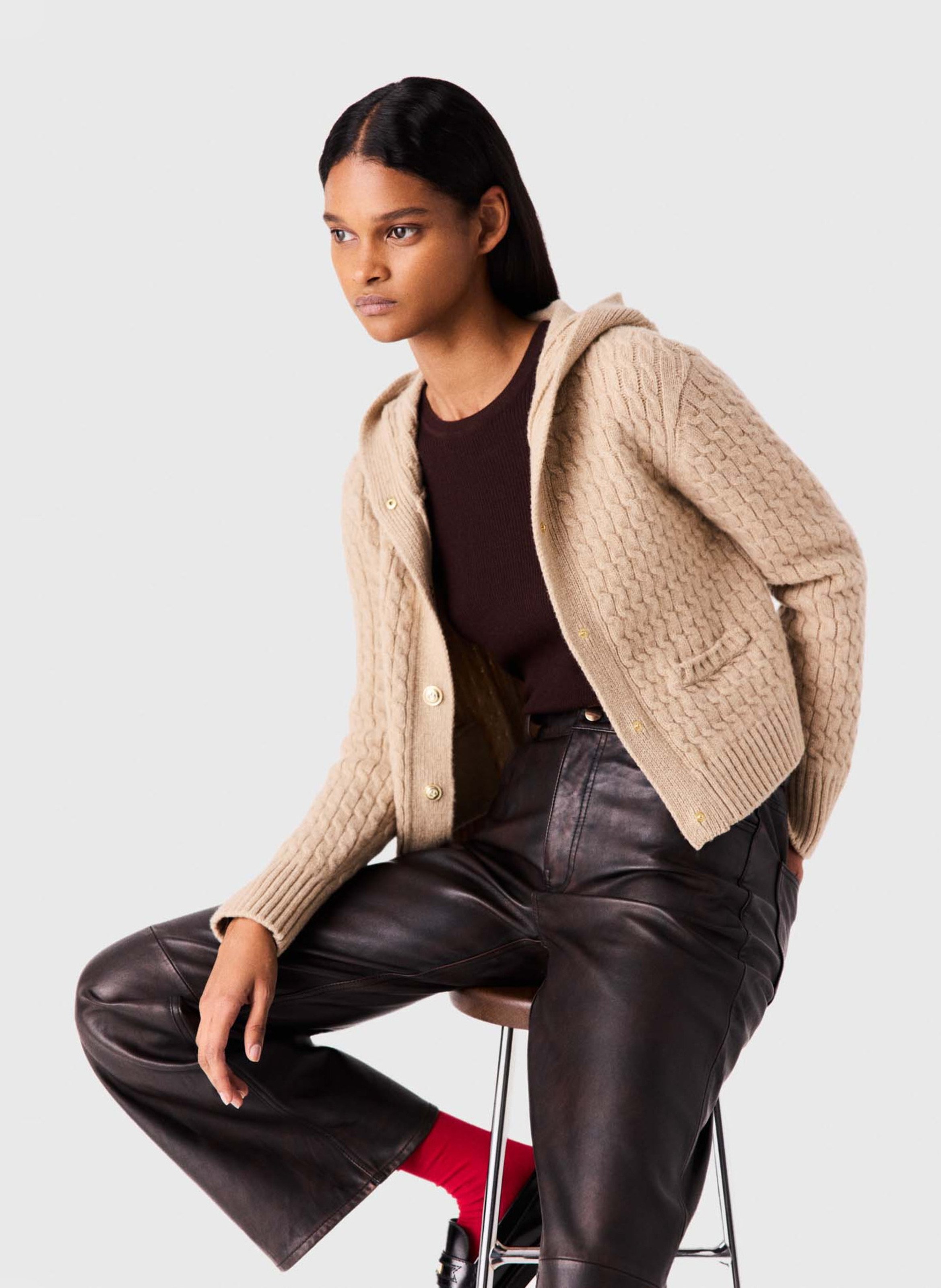 Cardigan col capuche en laine MAJE Beige