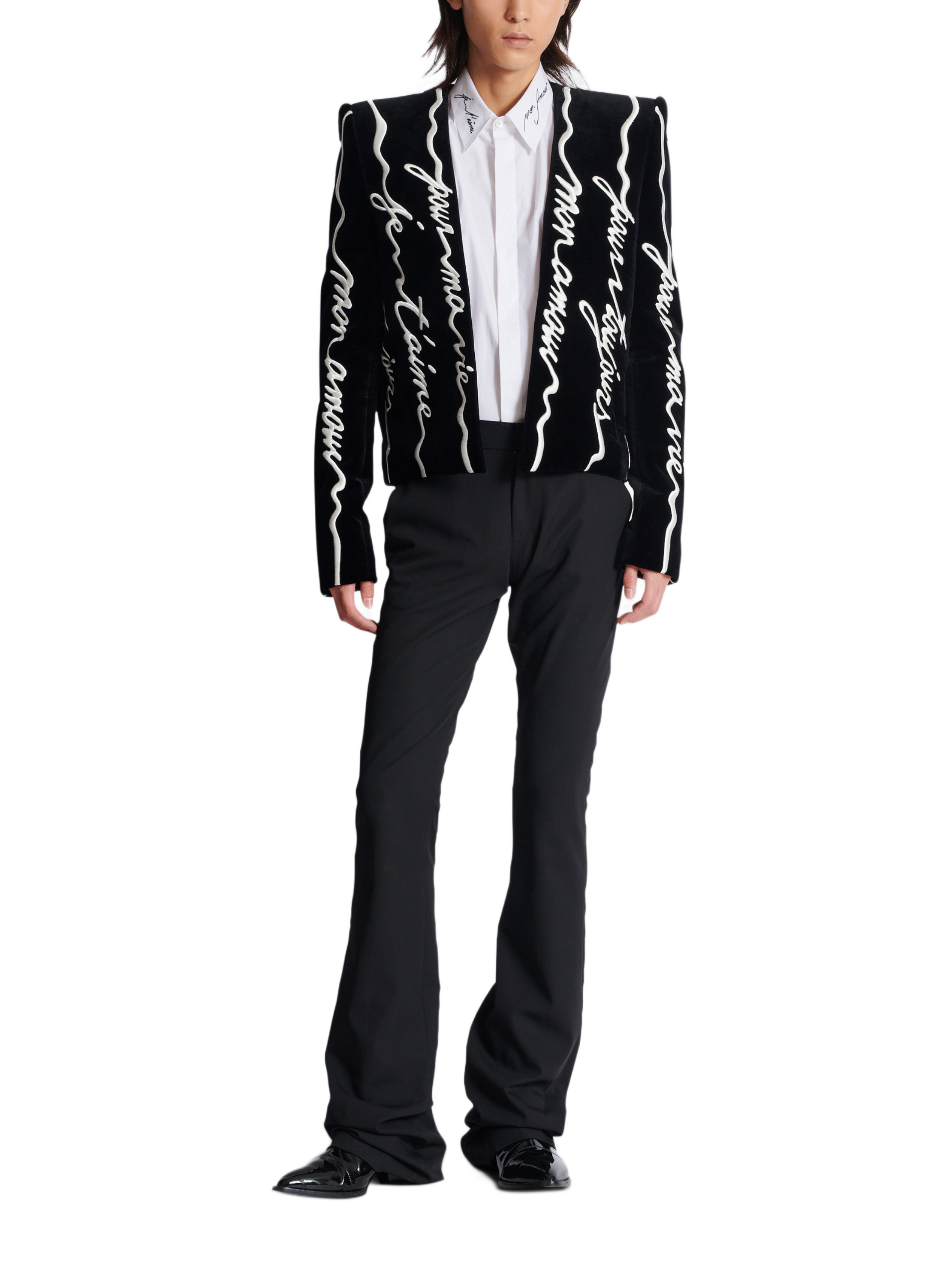 Spencer en velours brodé « lettre d'amour » all-over BALMAIN Noir