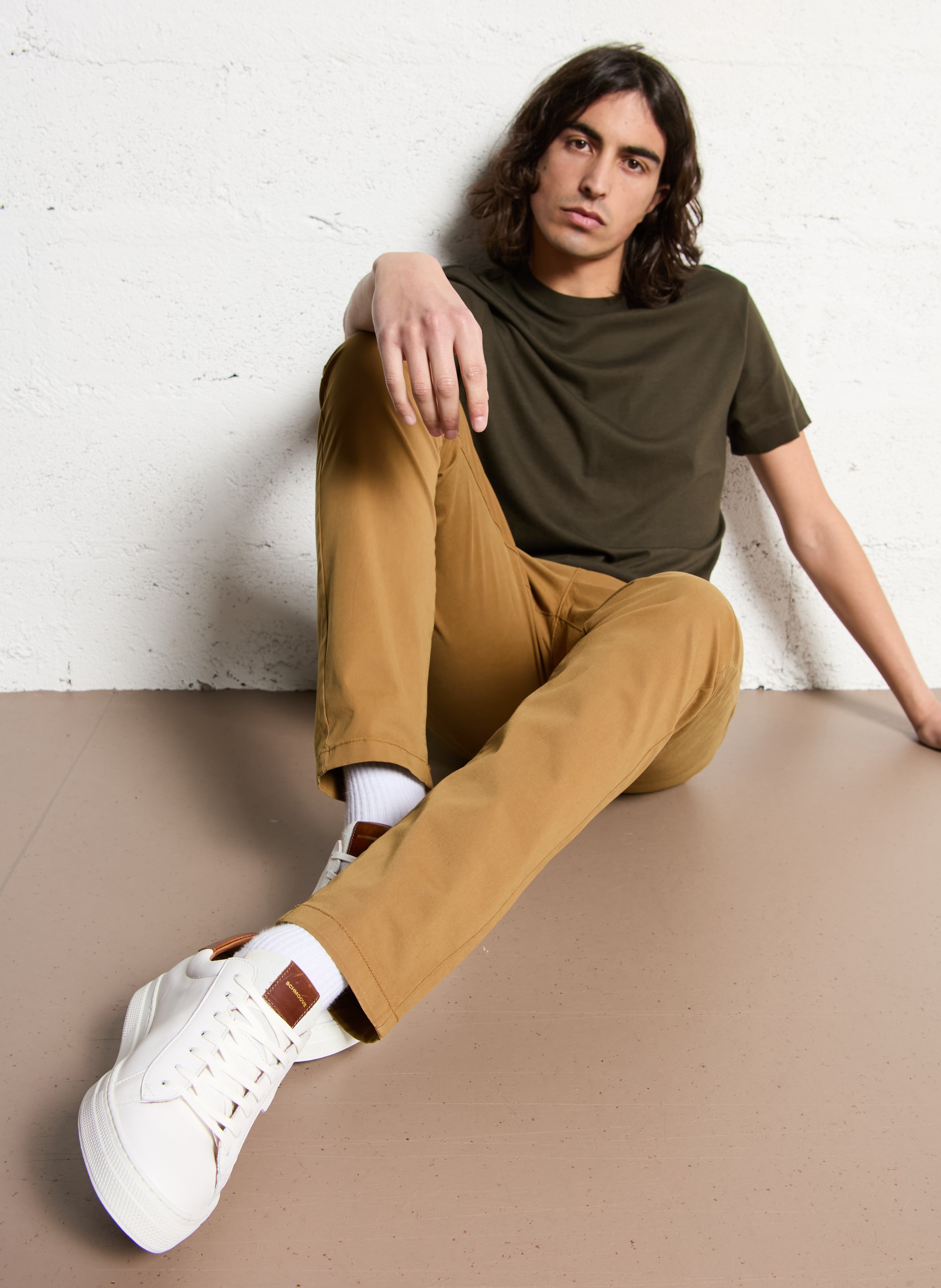 Pantalon droit en coton mélangé Marron