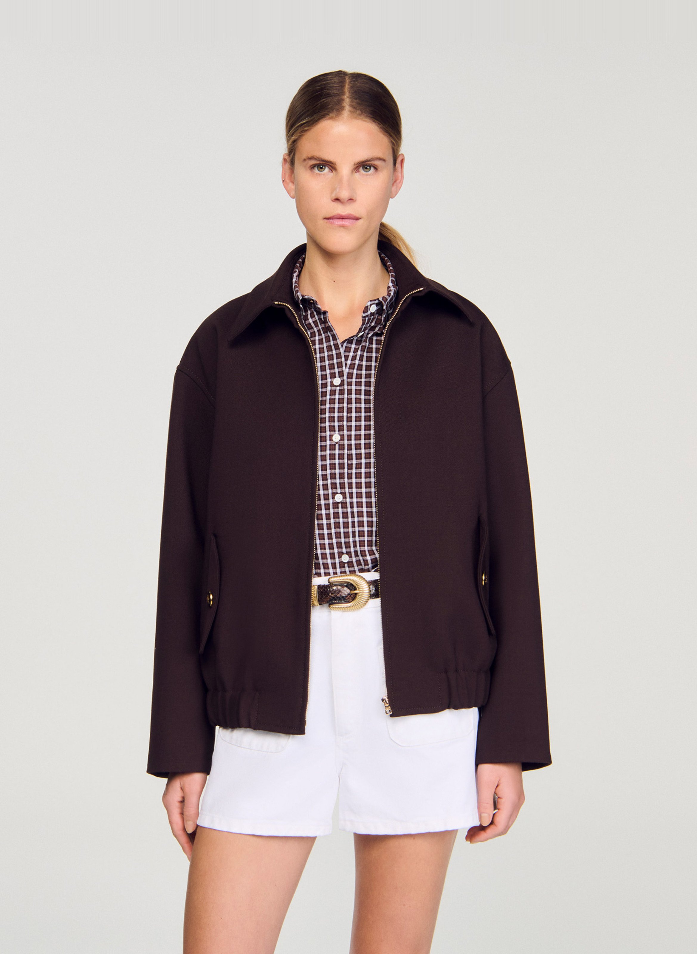 Blouson court uni zippé SANDRO Marron