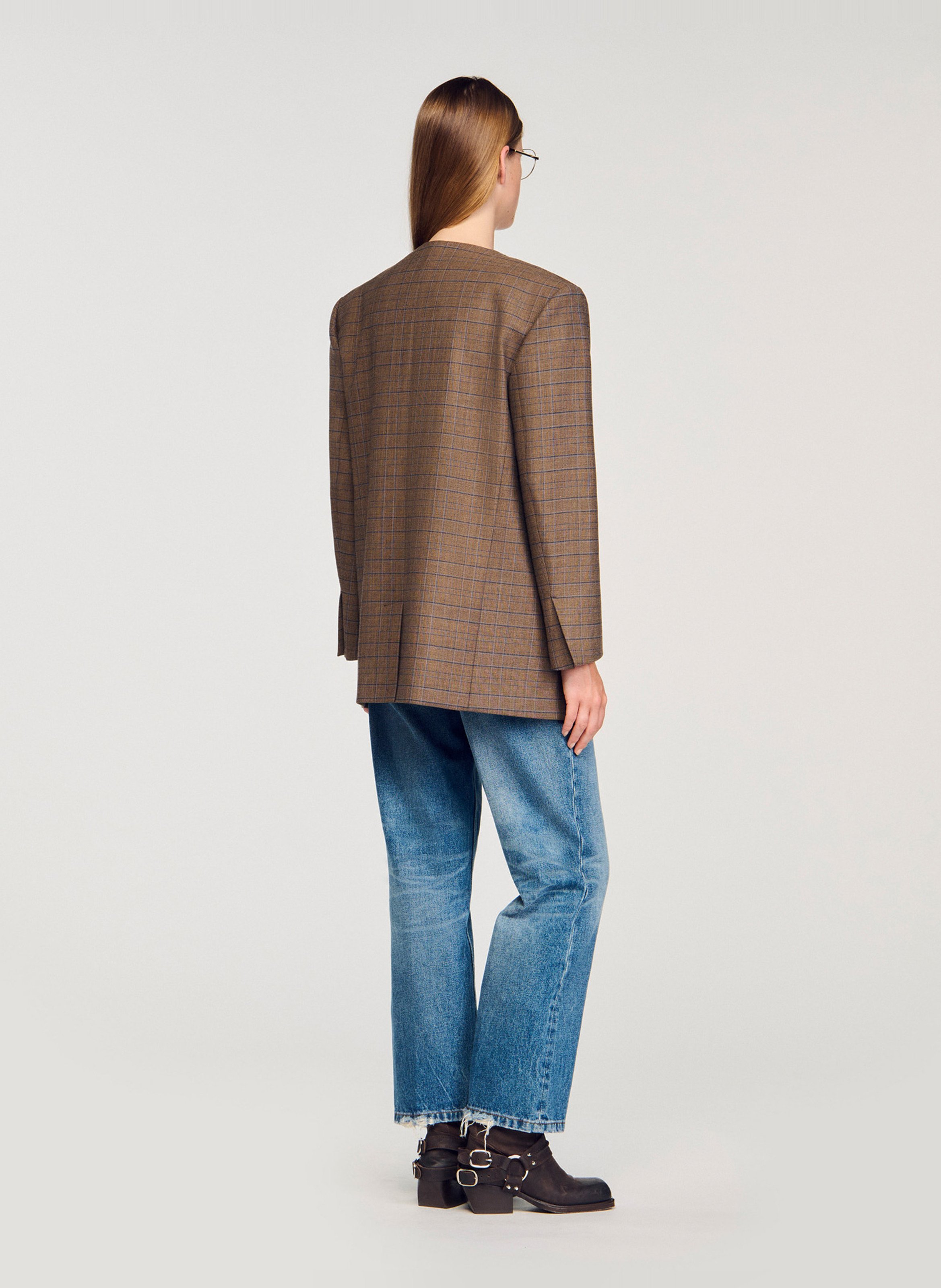 Veste col v à carreaux SANDRO Marron