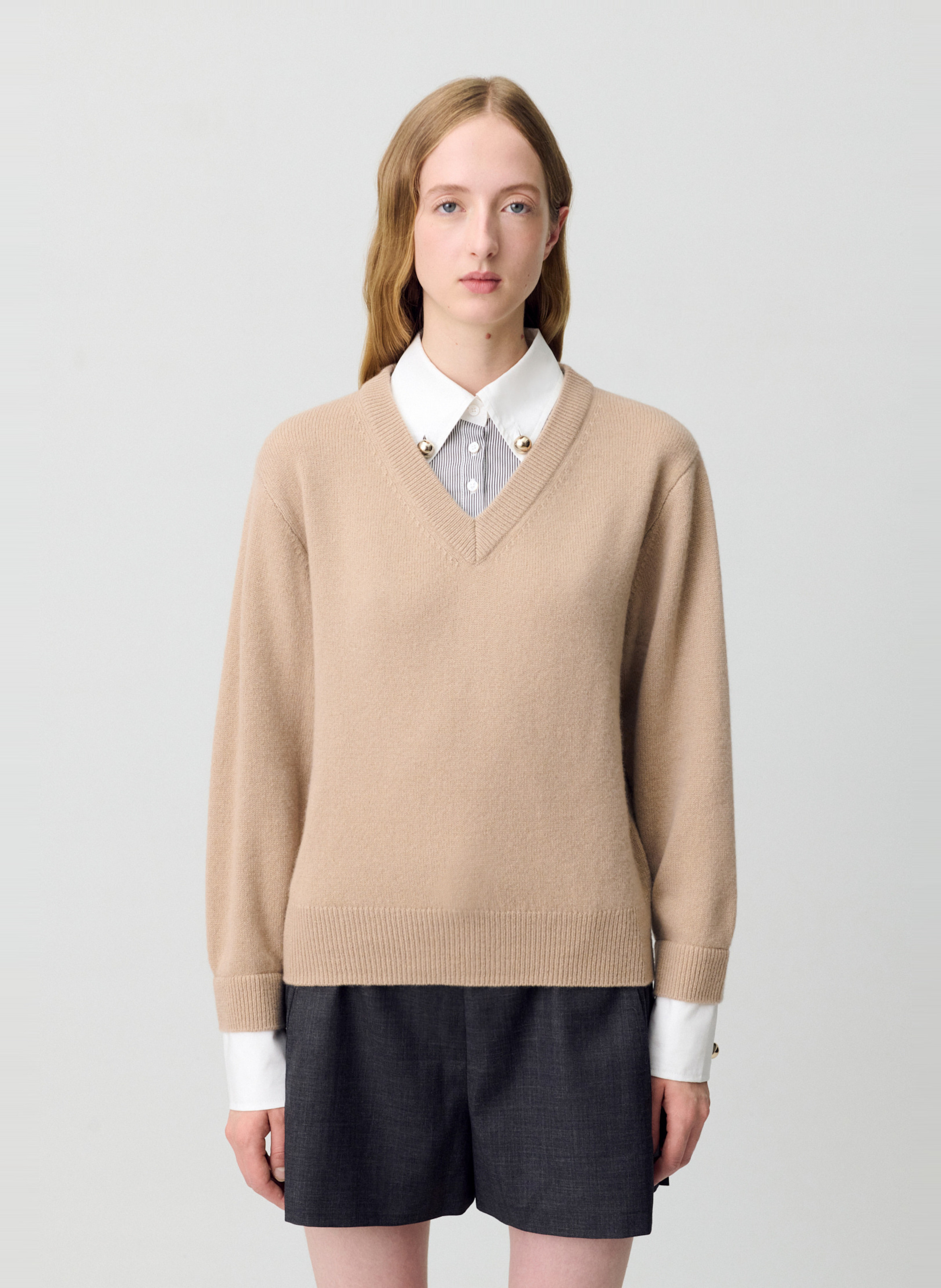 Pull col v en laine manette CLAUDIE PIERLOT Beige