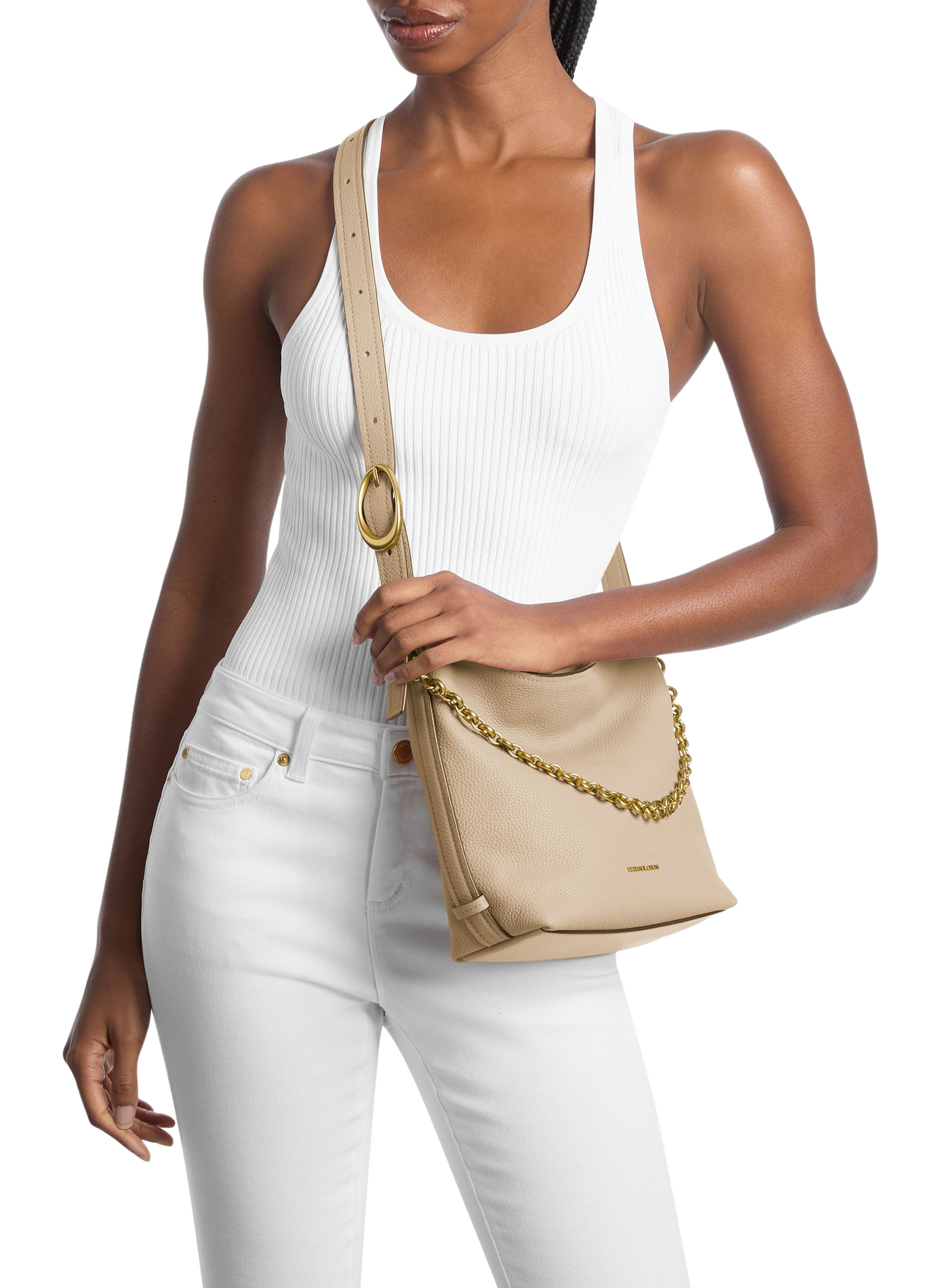 Bucket bag with chain detail in grained leather MICHAEL KORS Beige