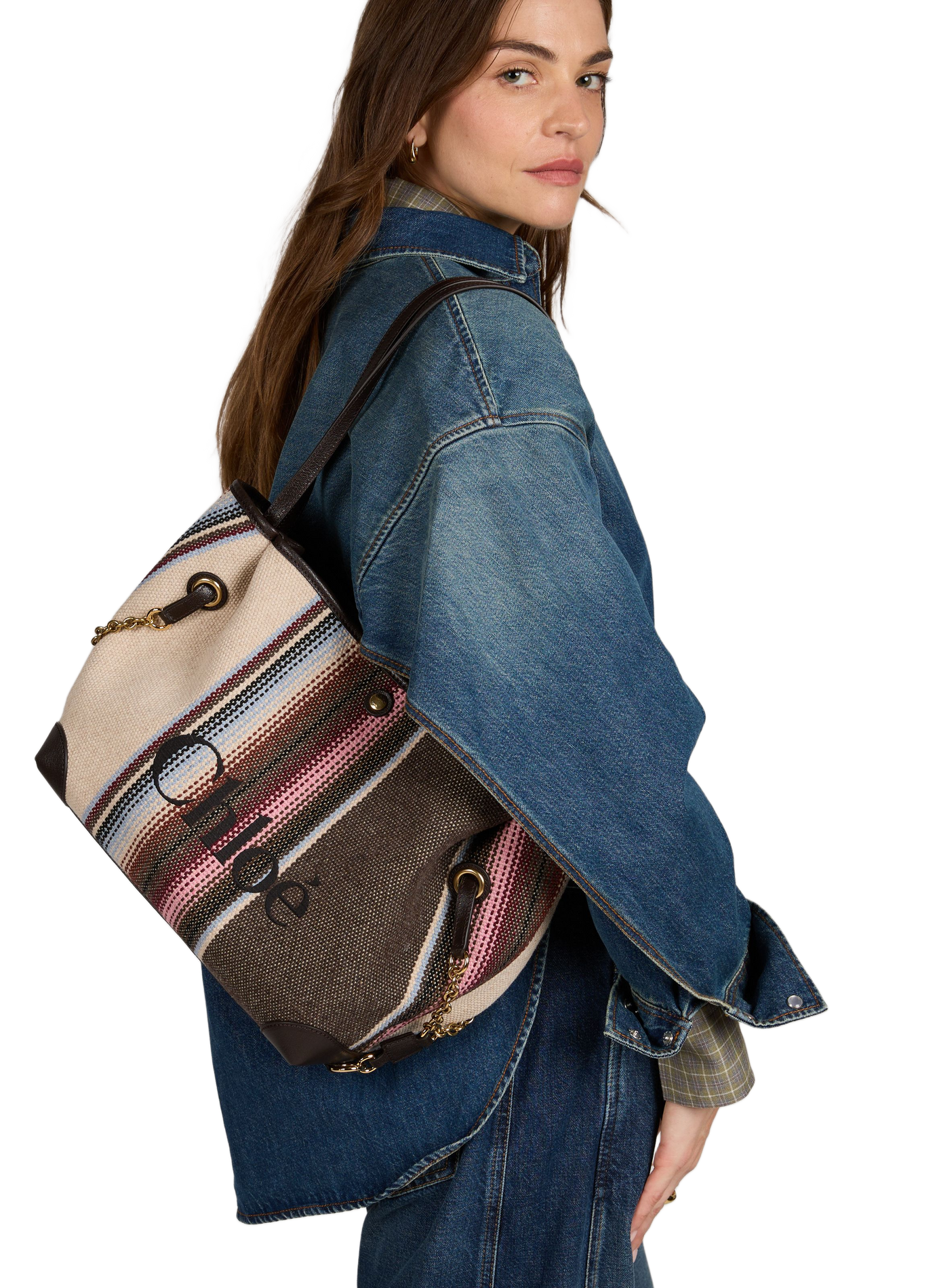 Striped Clover tote bag in cotton and leather CHLOÉ Brown