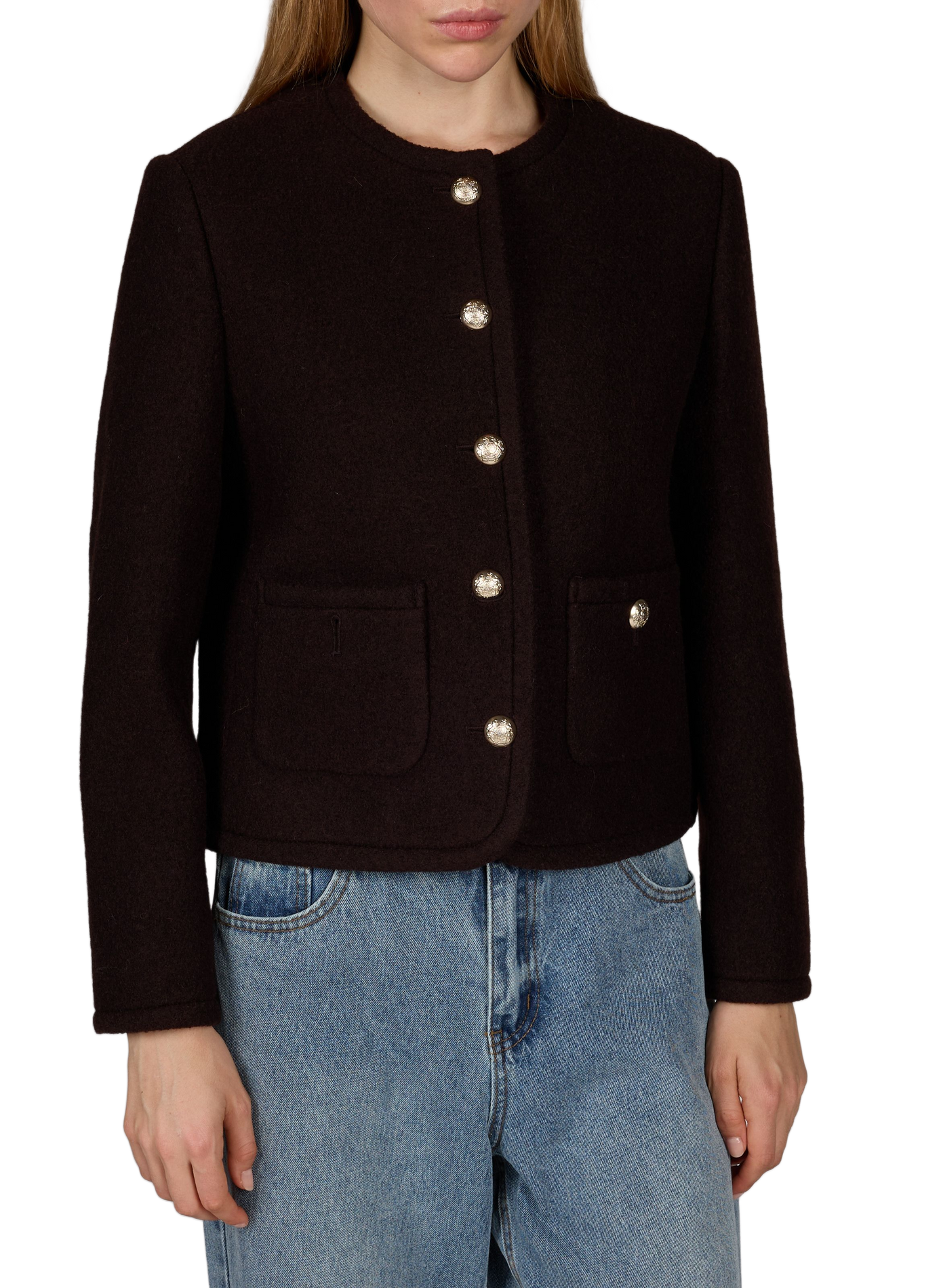 Gerade geschnittene Tweedjacke aus Wolle mit Rundhalsausschnitt DUNST Braun