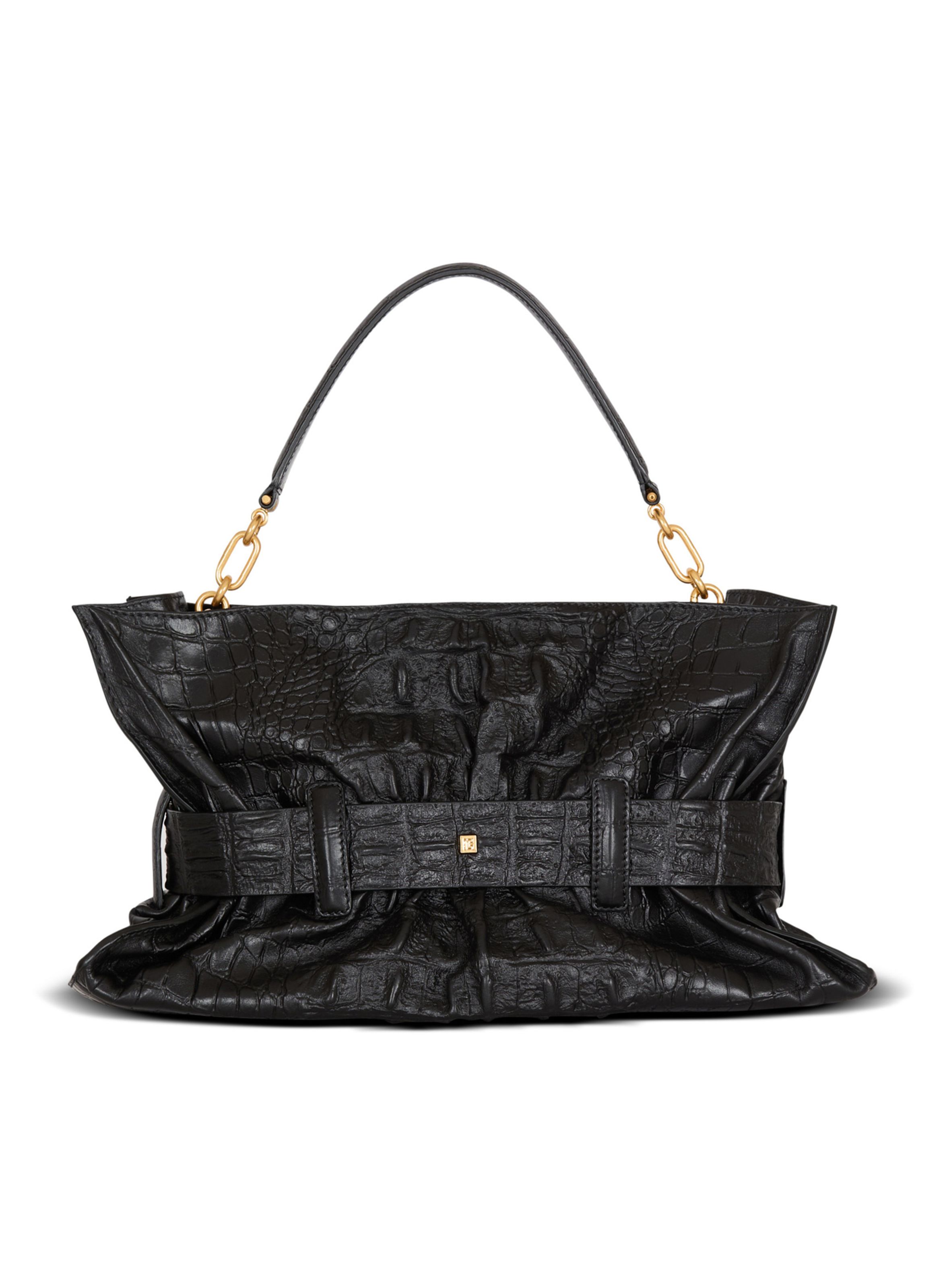 Sac anthem medium en cuir de veau embossé effet croco BALMAIN Noir