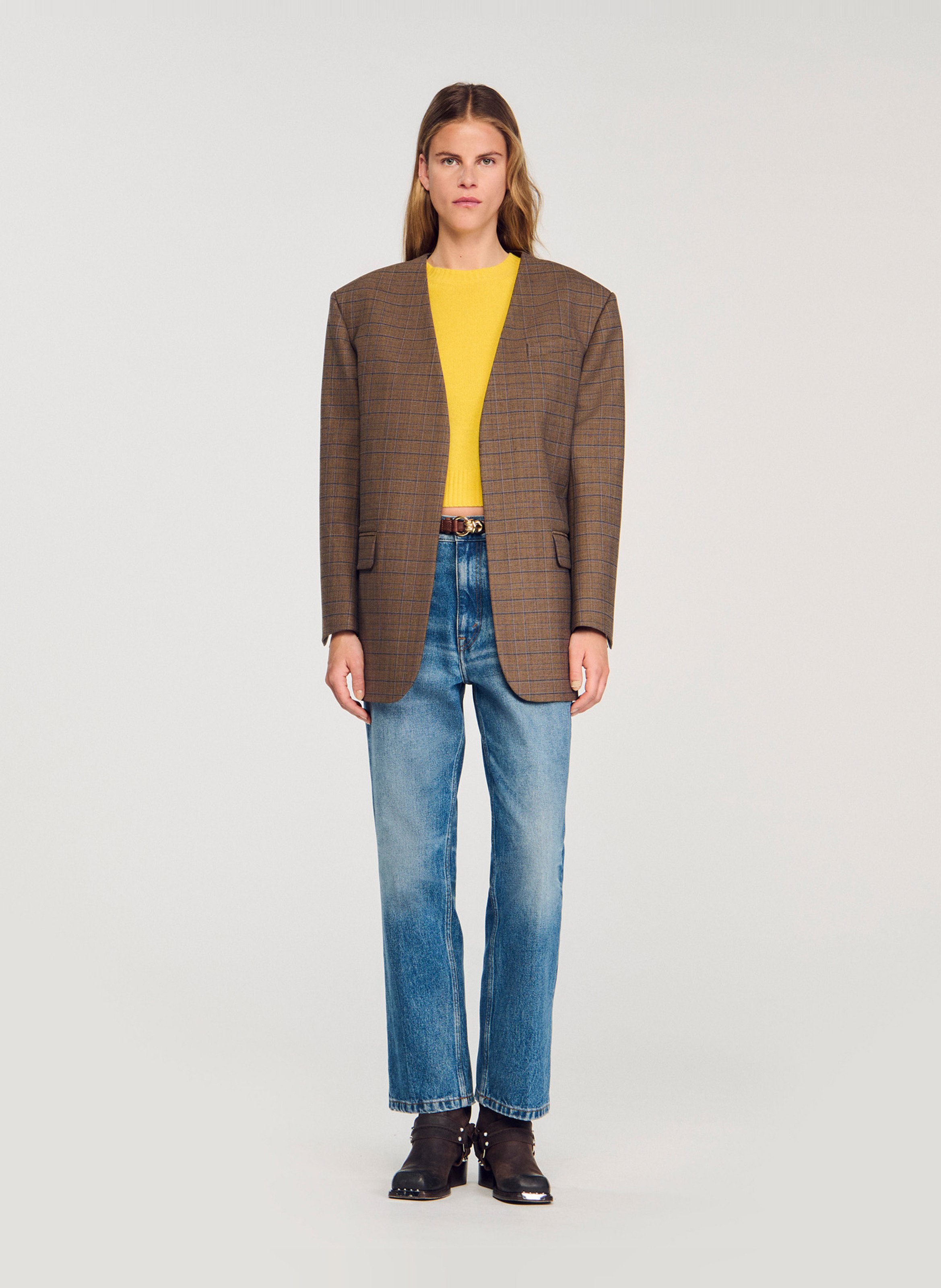 Veste col v à carreaux SANDRO Marron