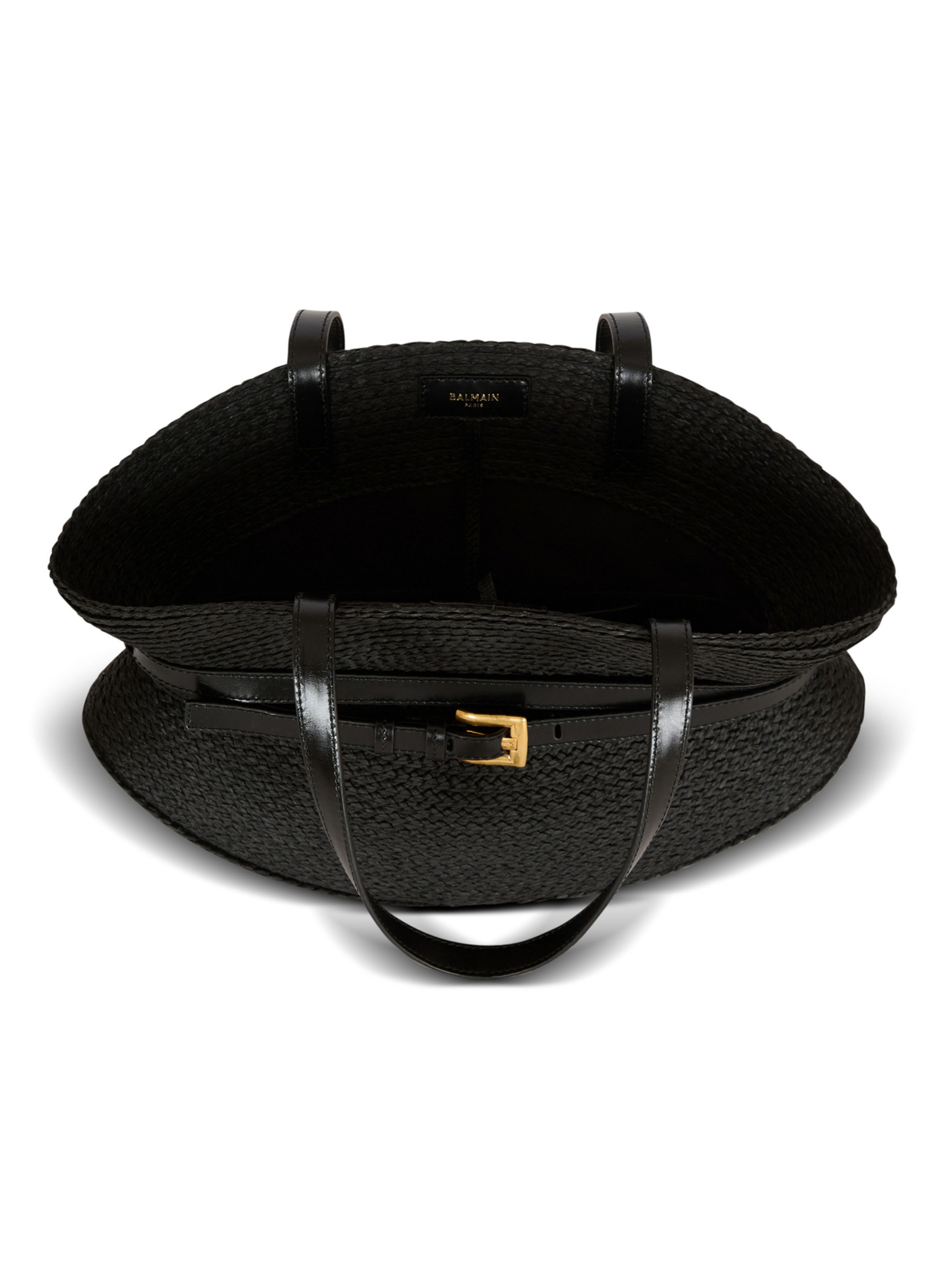 Sac shuffle medium en raphia et cuir de veau BALMAIN Noir