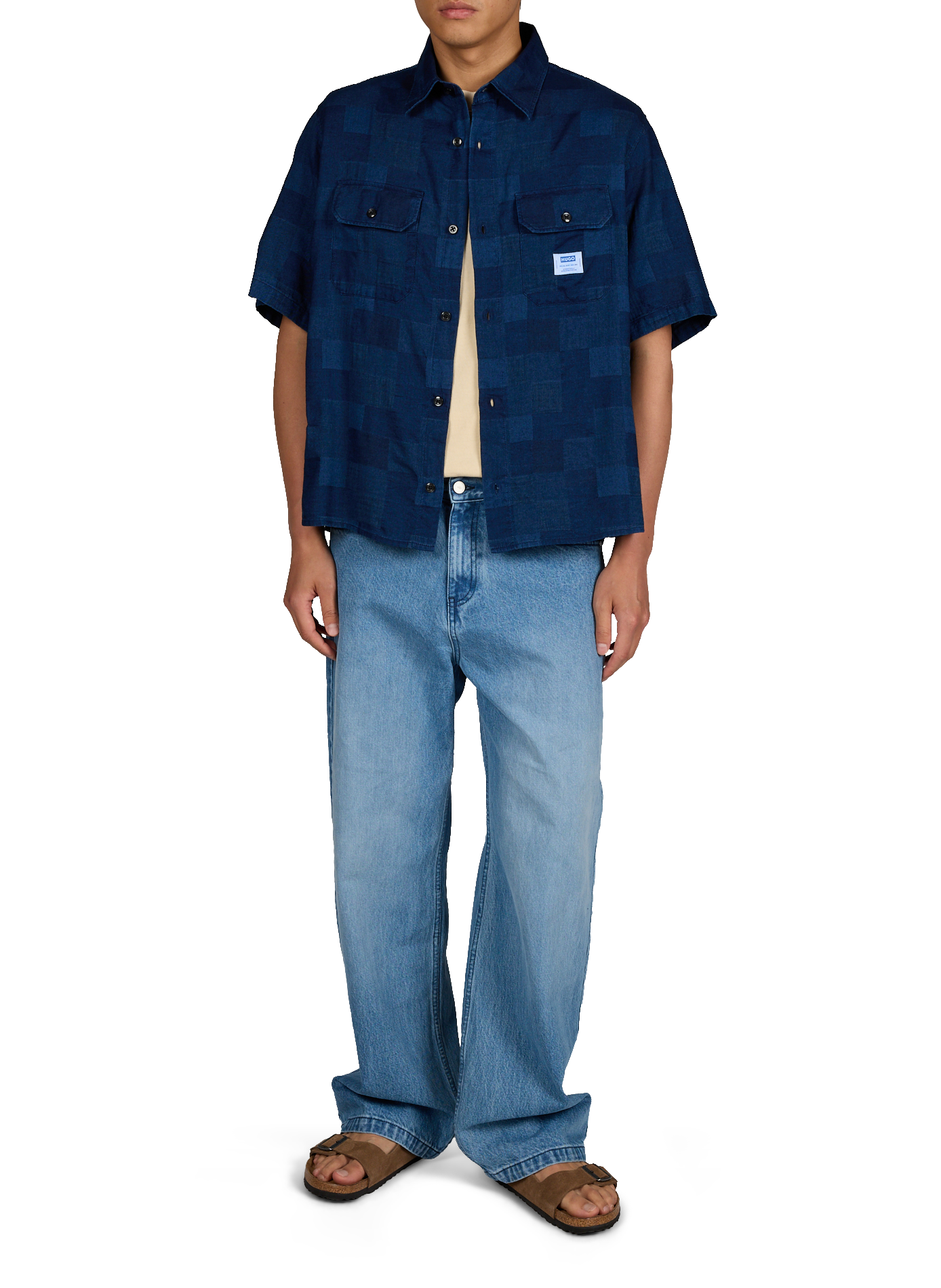 Chemise droite en denim patchwork de coton HUGO BLUE Bleu