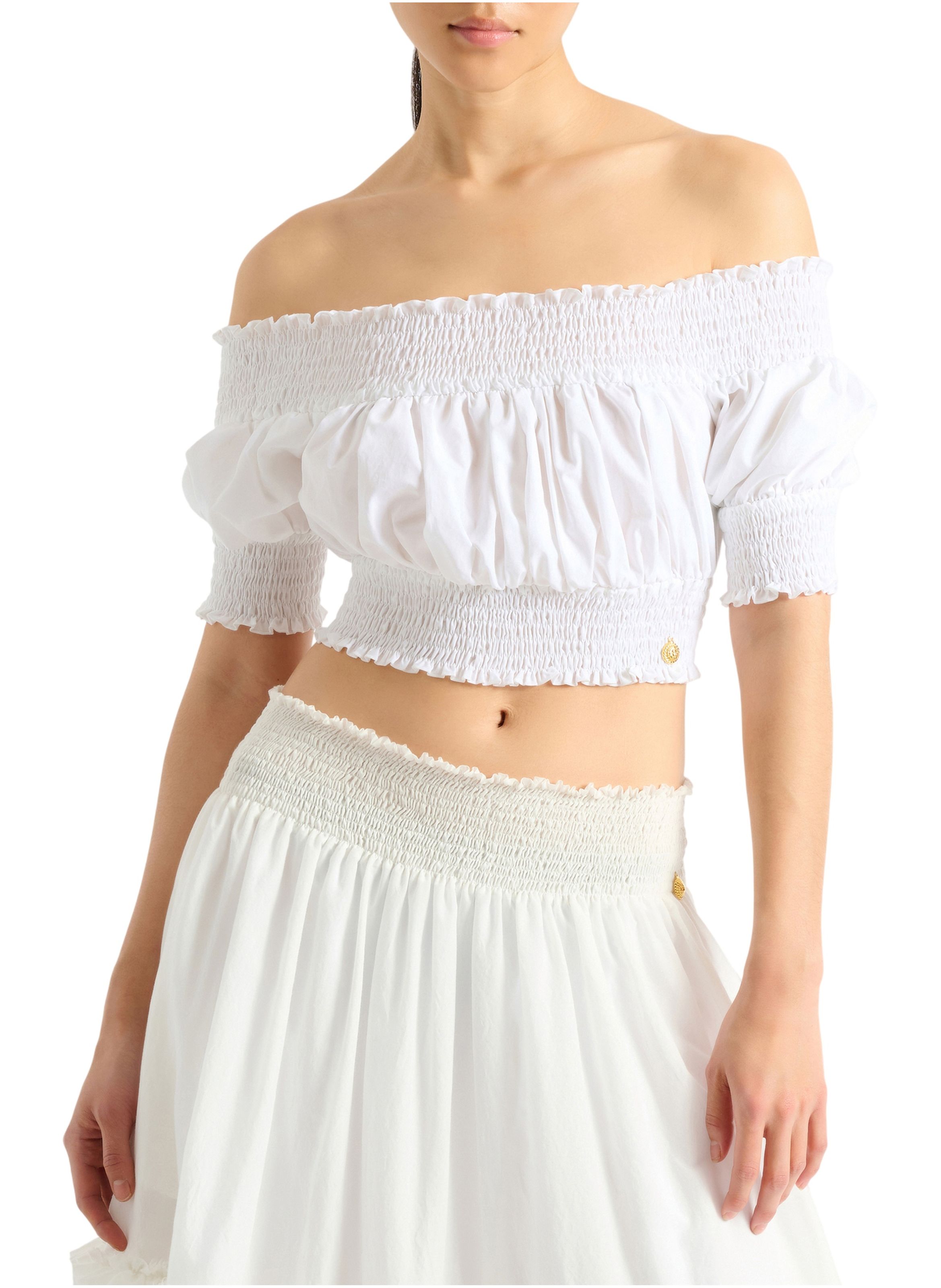 Top à épaules dénudées en popeline BALMAIN Blanc