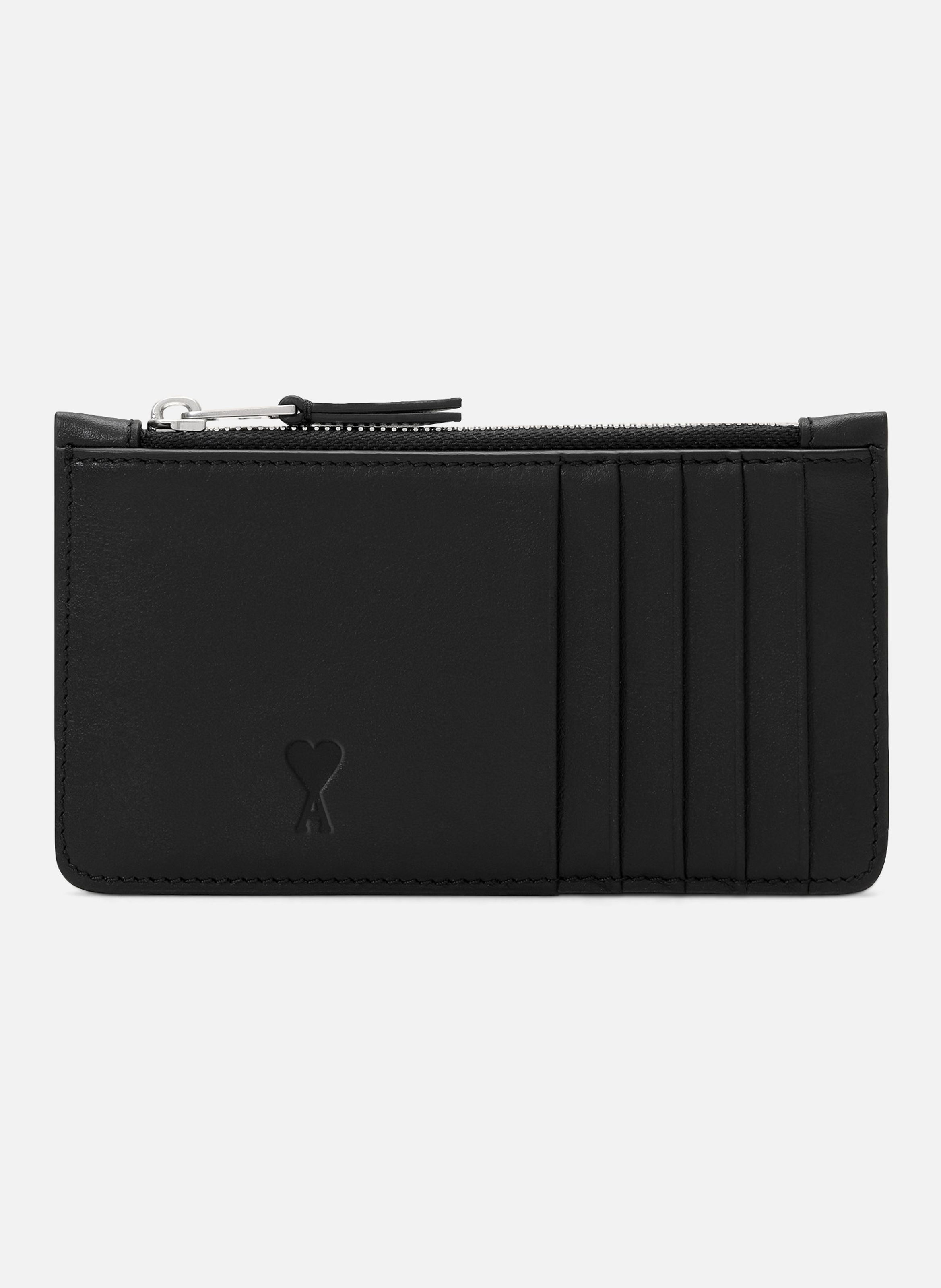 Porte-cartes zippé unisexe en cuir de vachette ami de coeur AMI PARIS Noir