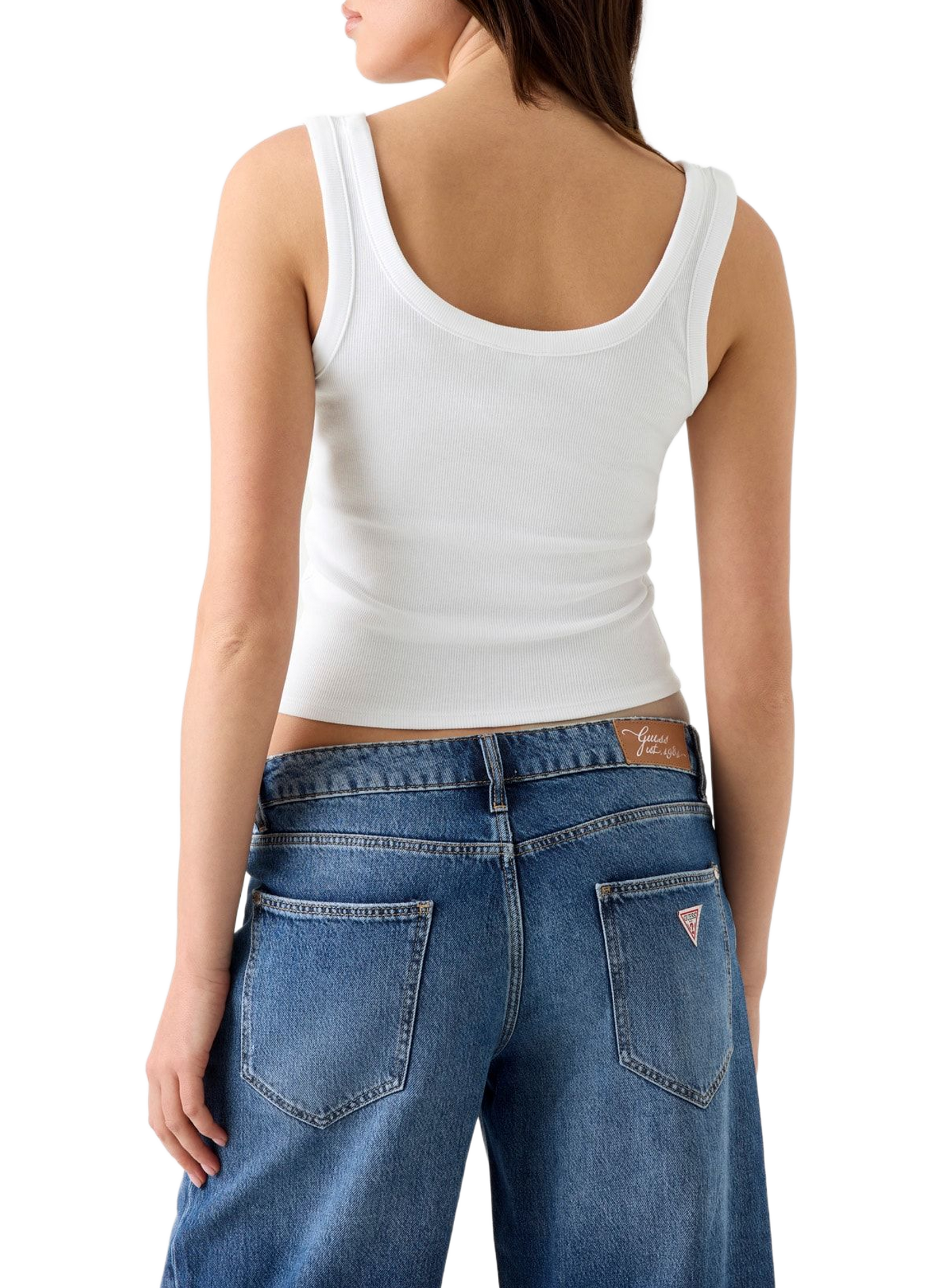 Ribbed cropped tank top with logo in blended cotton GUESS White