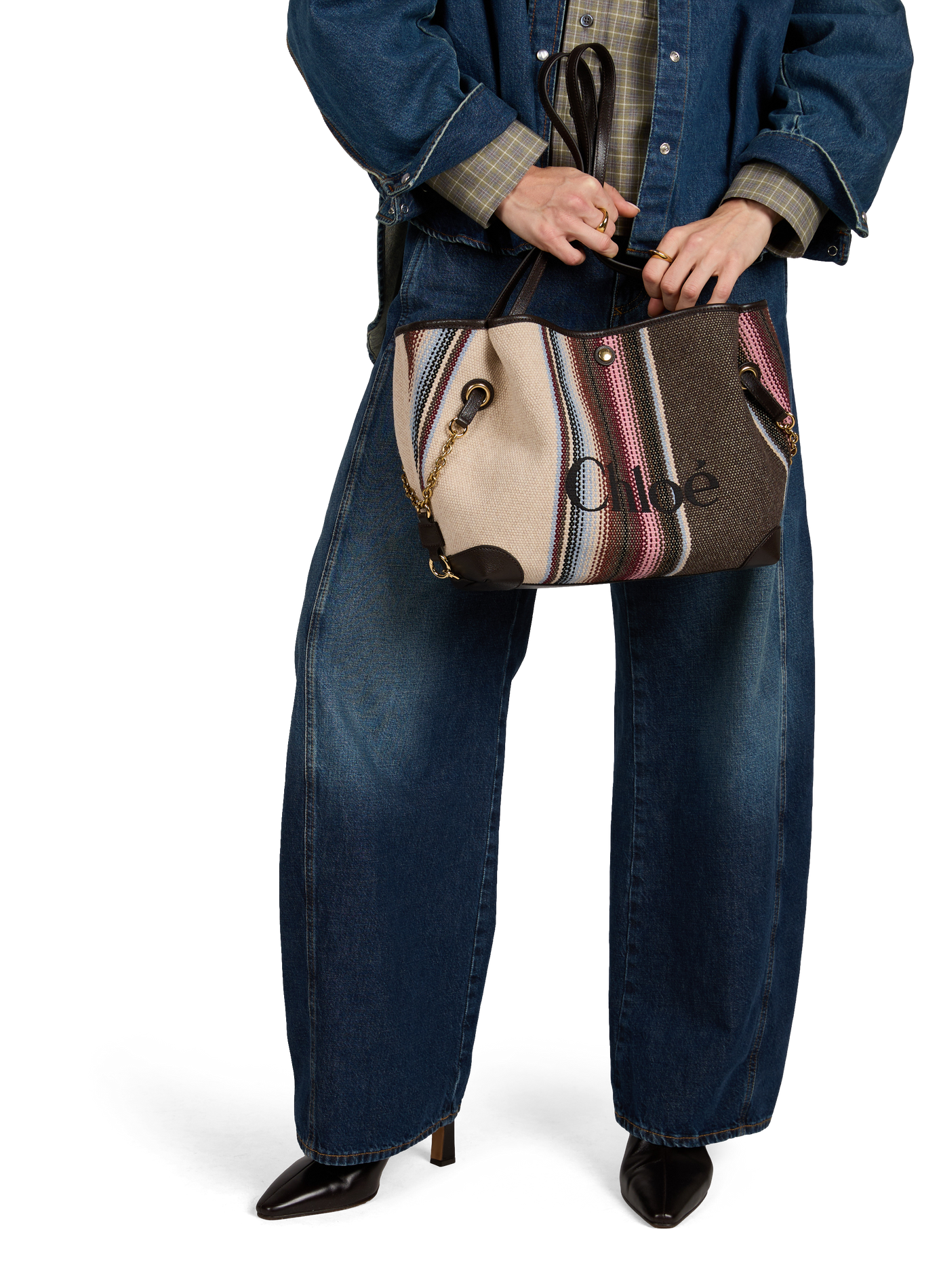 Striped Clover tote bag in cotton and leather CHLOÉ Brown