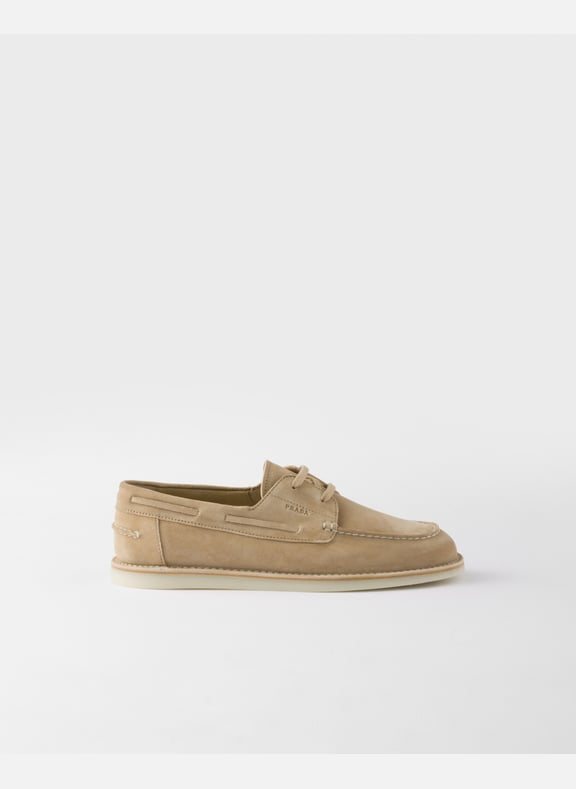 Mocassins en veau velours décoloré Beige by PRADA PRADA Mocassins en veau velours décoloré Beige