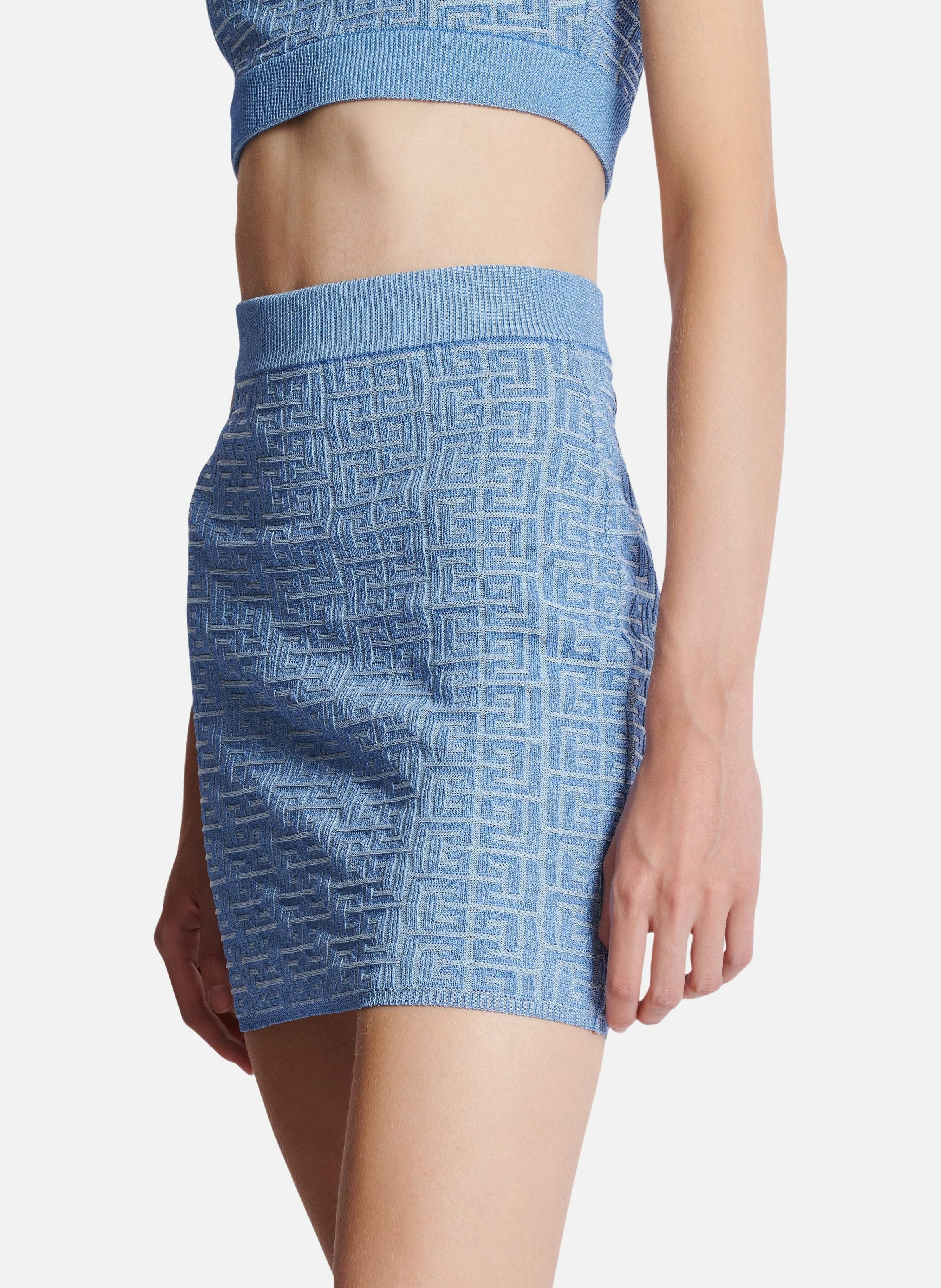 Jupe courte en maille à monogramme pb labyrinthe BALMAIN Bleu