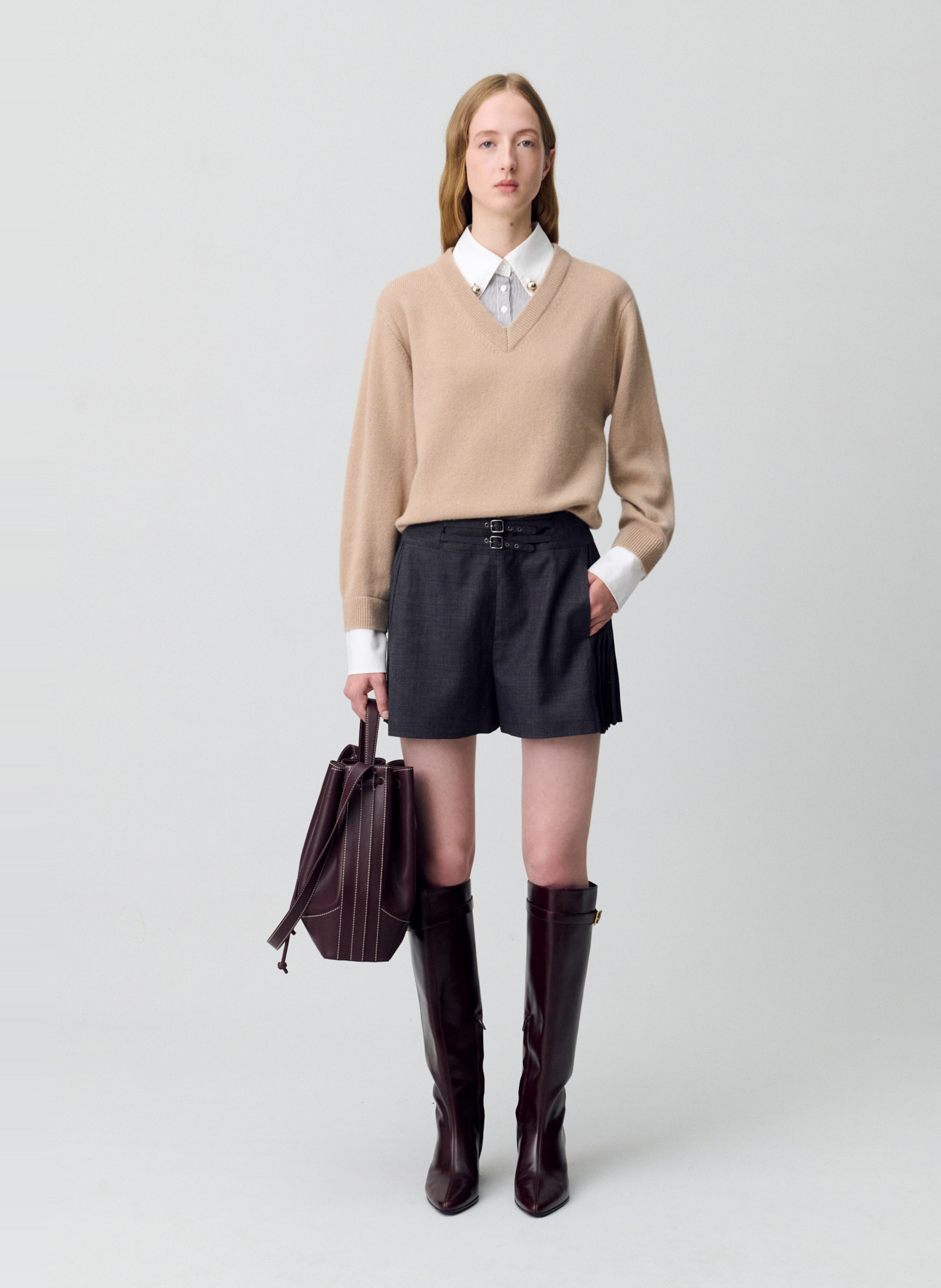 Pull col v en laine manette CLAUDIE PIERLOT Beige