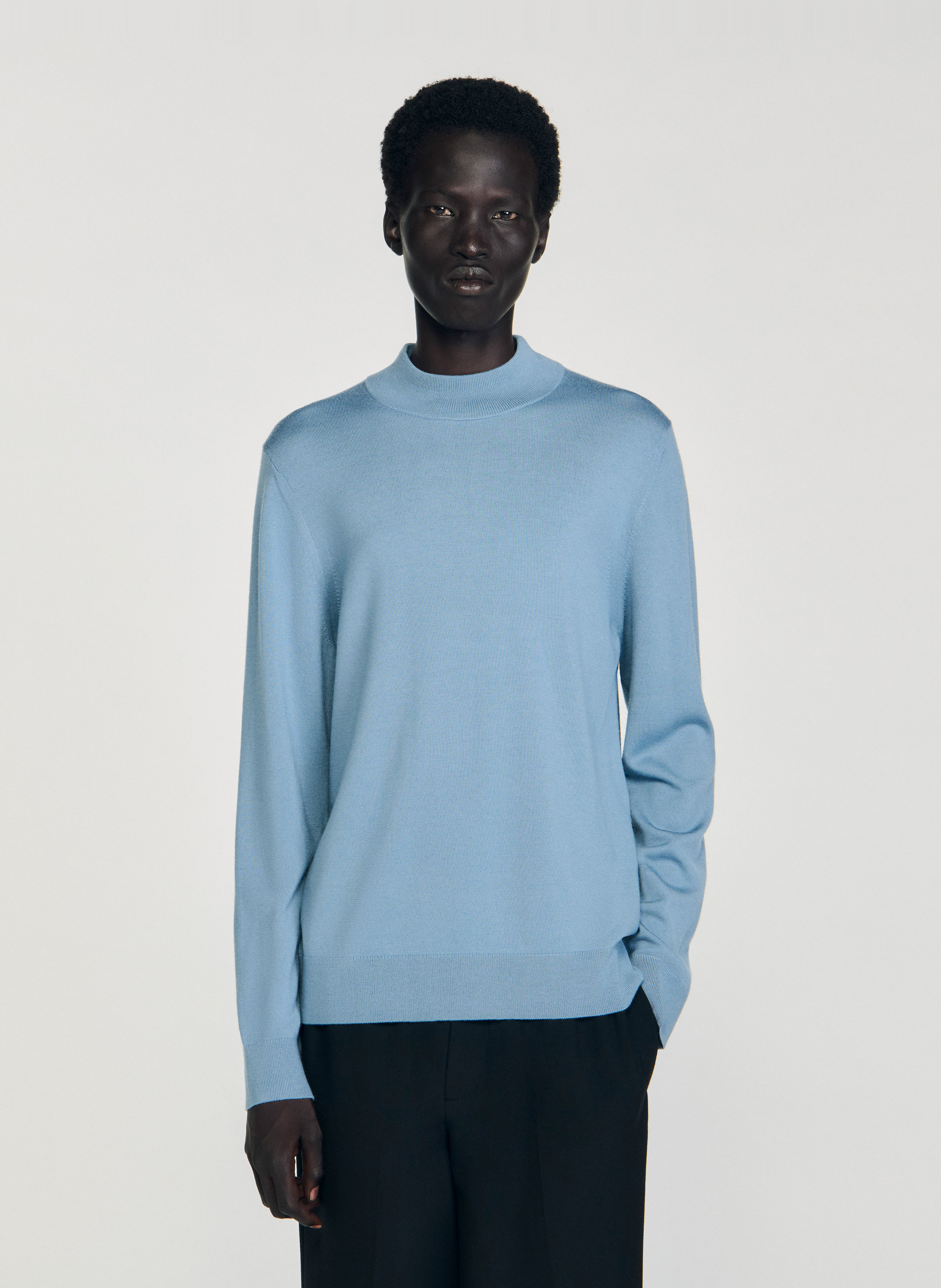 SANDRO Pull droit manches longues uni en laine Bleu