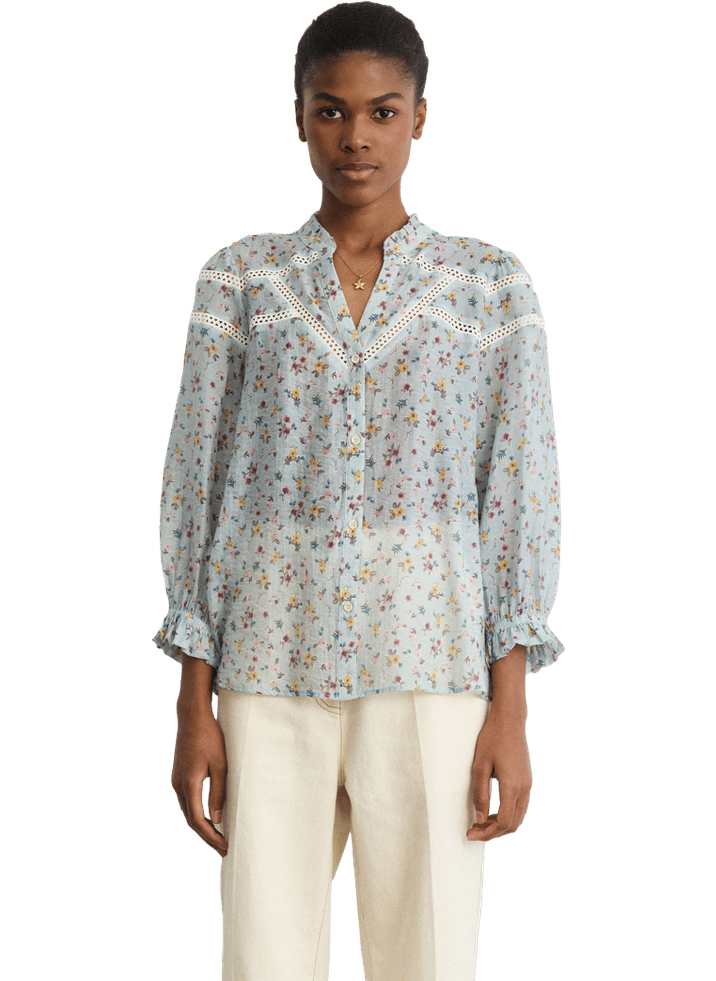 Chemise à fleurs, volants et dentelle - chella PABLO Bleu