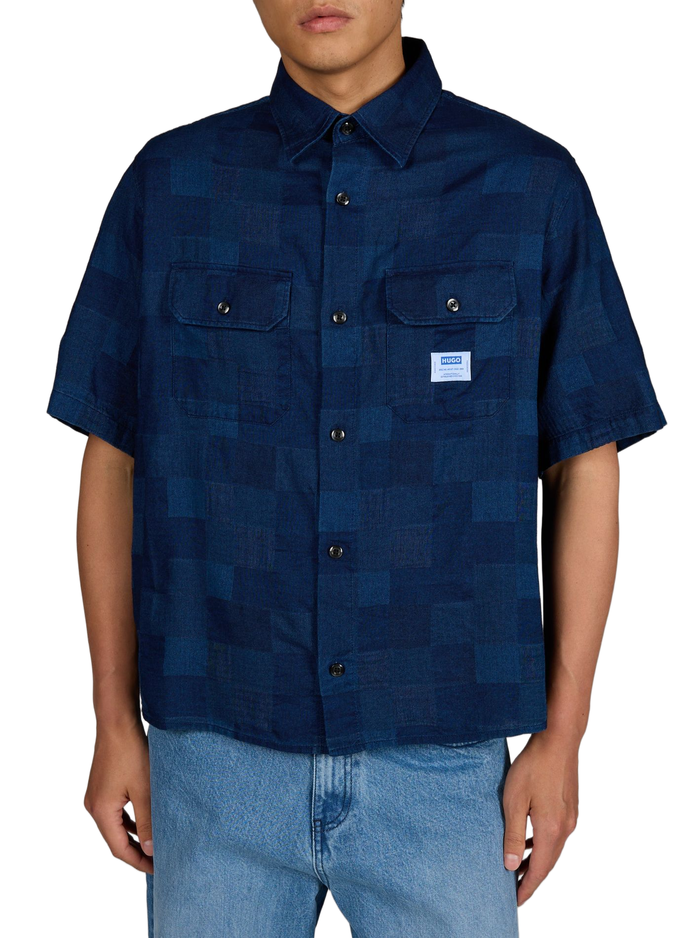 Chemise droite en denim patchwork de coton HUGO BLUE Bleu