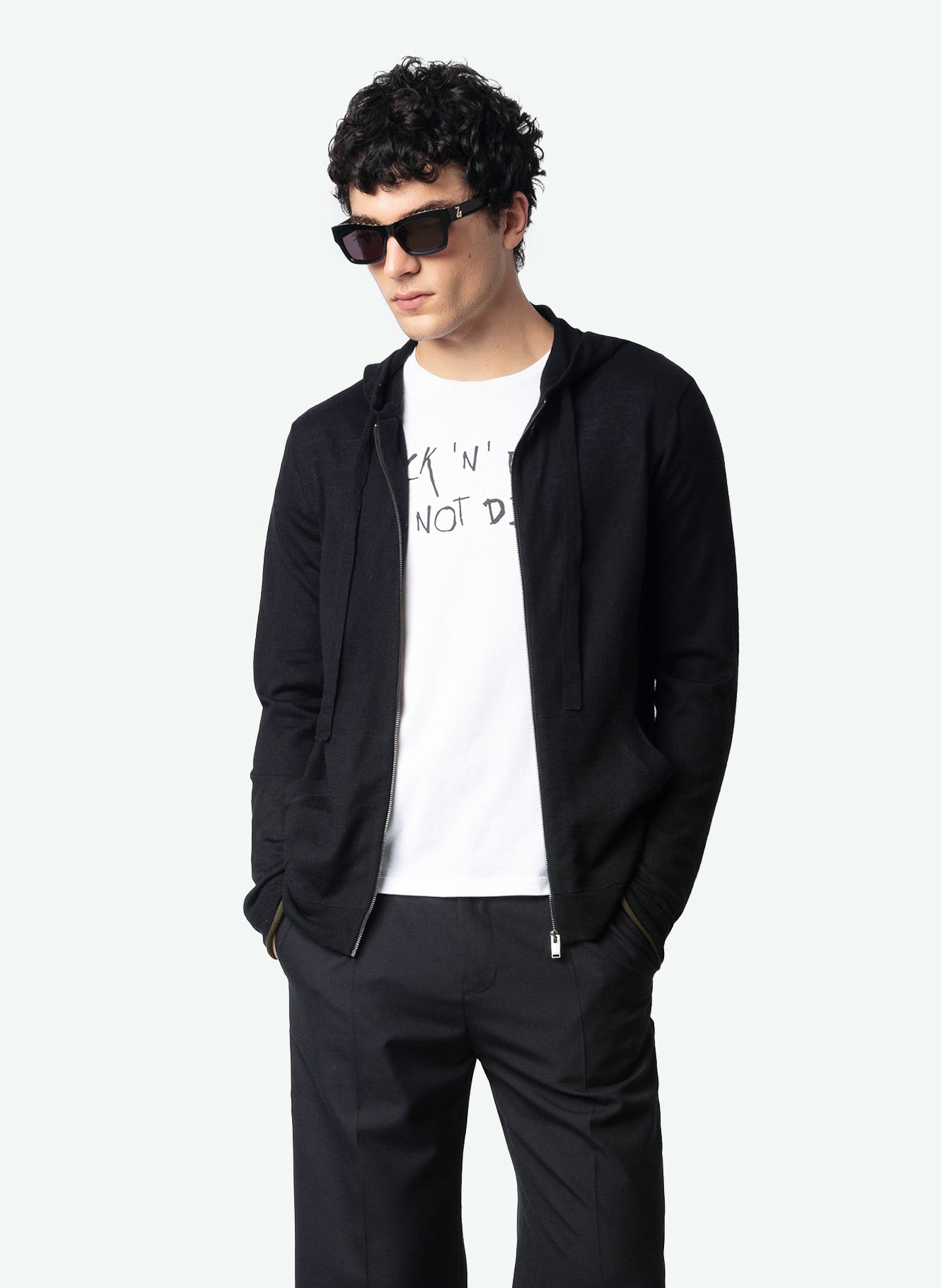 Gilet à capuche zippé en laine mérinos clash ZADIG&VOLTAIRE Noir