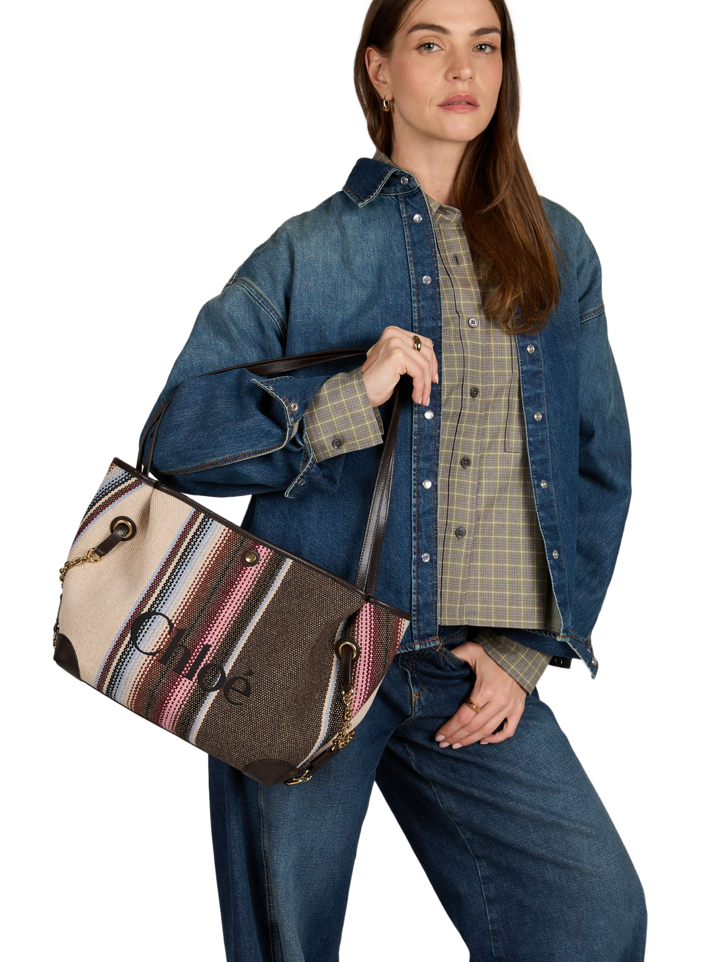 Striped Clover tote bag in cotton and leather CHLOÉ Brown