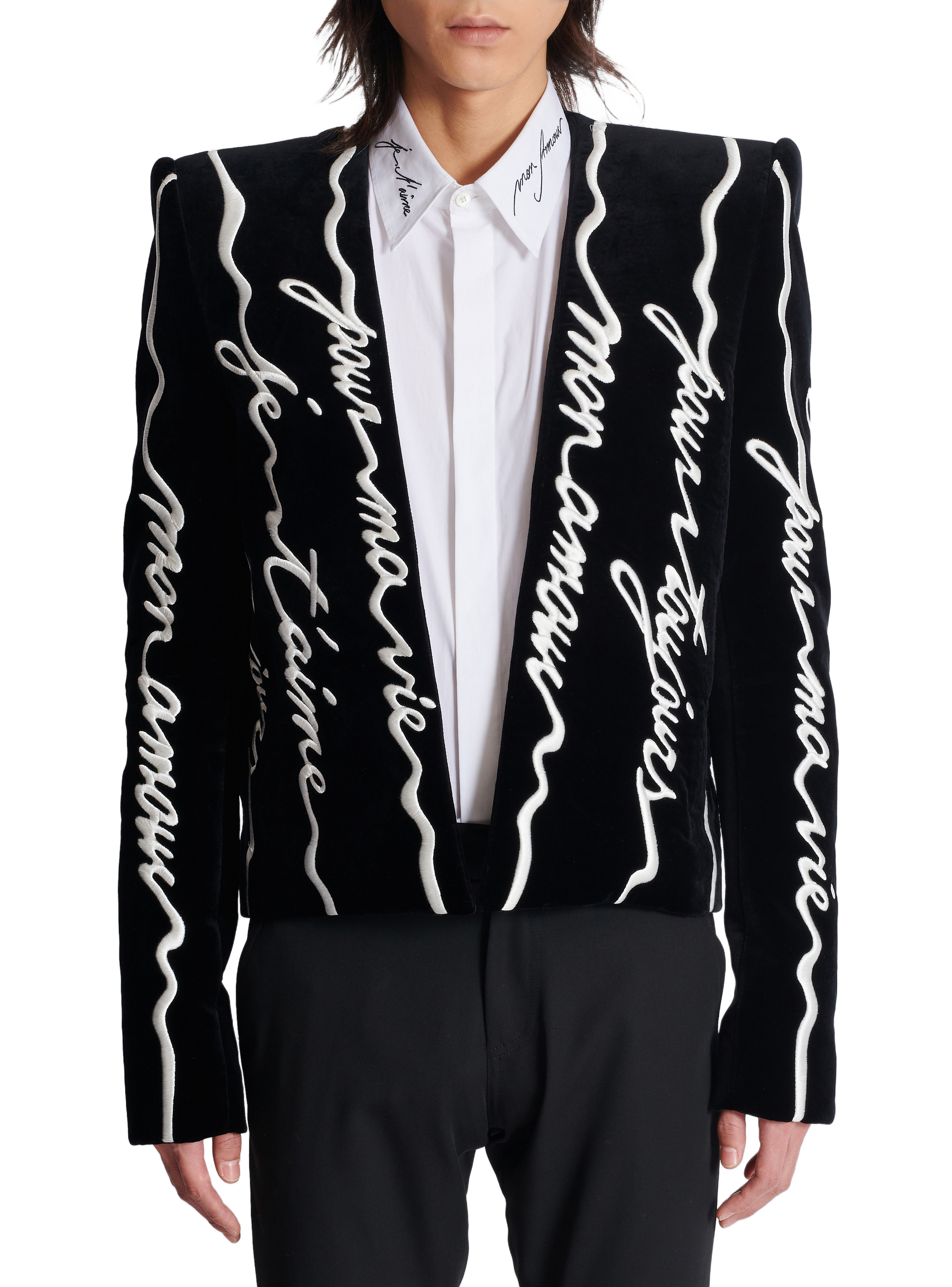 Spencer en velours brodé « lettre d'amour » all-over BALMAIN Noir
