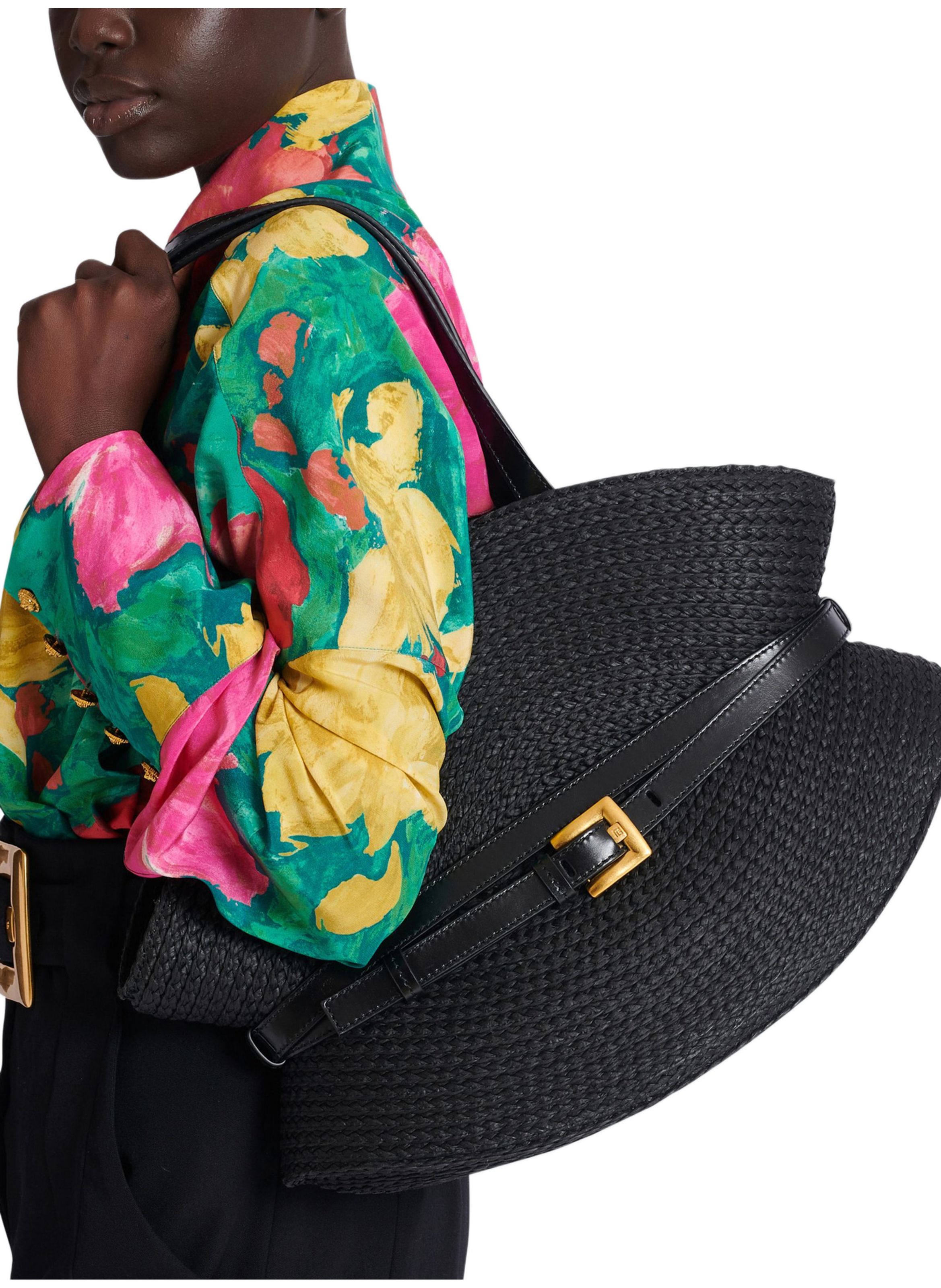 Sac shuffle medium en raphia et cuir de veau BALMAIN Noir