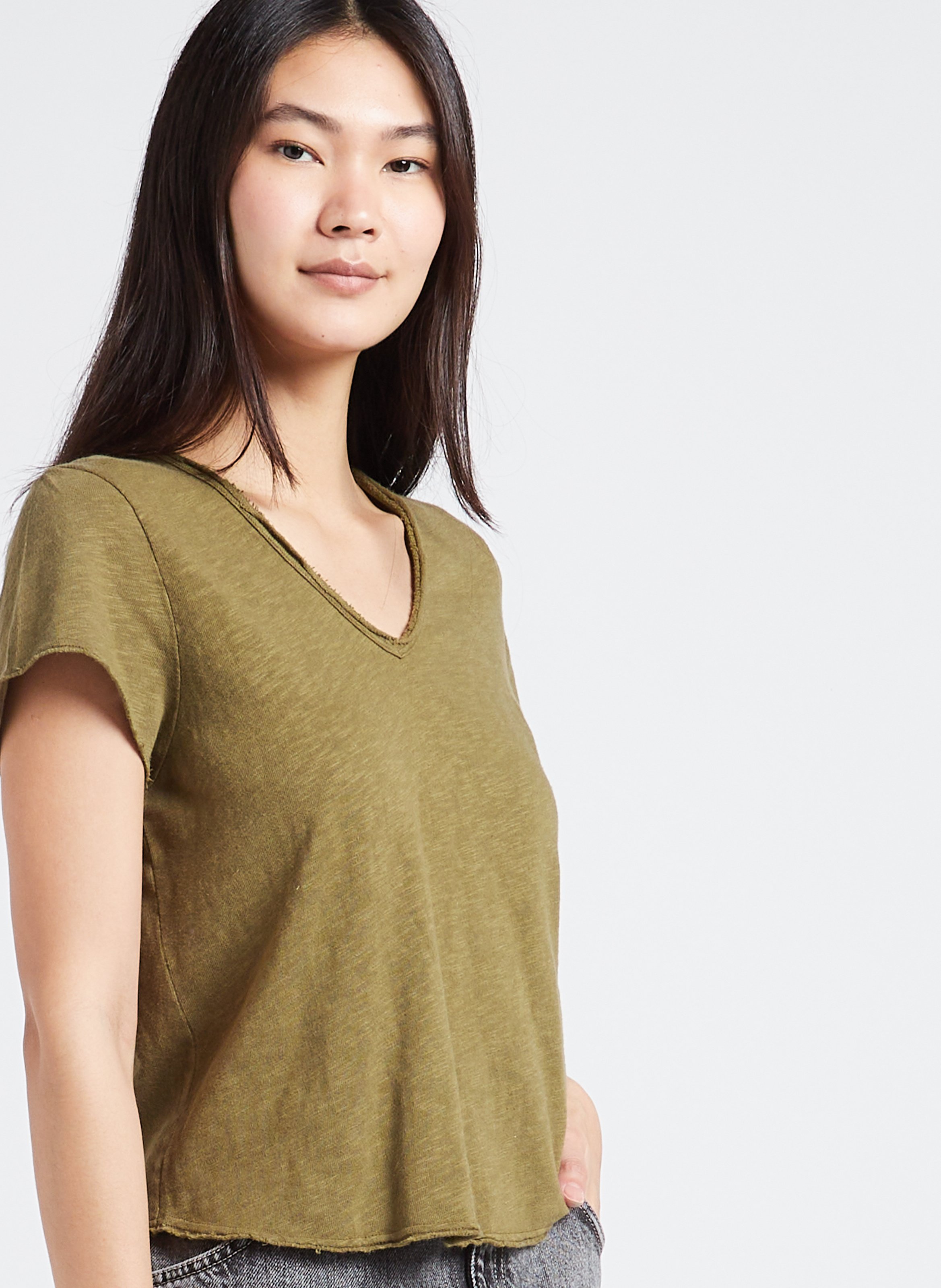 Tee-shirt droit col v en coton sonoma AMERICAN VINTAGE Kaki