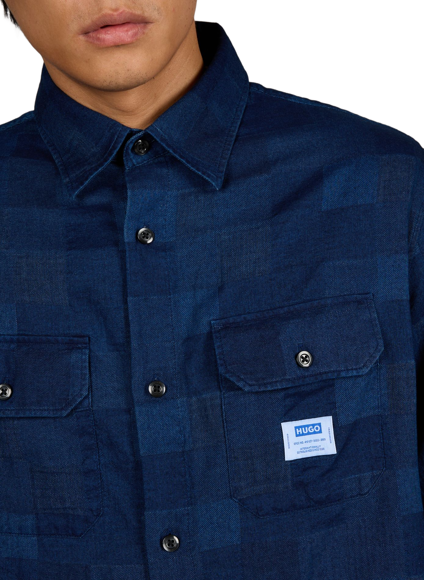 Chemise droite en denim patchwork de coton HUGO BLUE Bleu