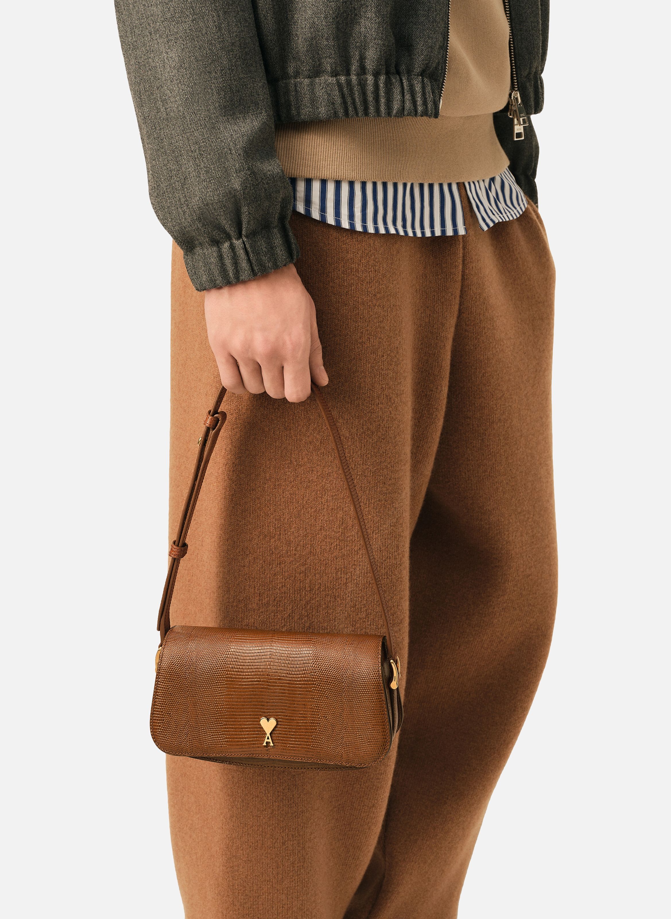 Sac porté épaule paris paris unisexe en cuir de vachette embossé lézard AMI PARIS Marron