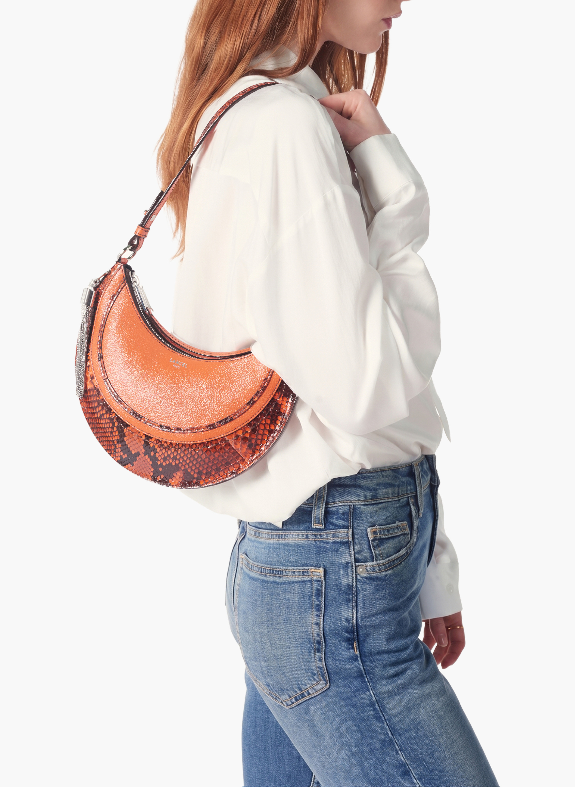 Sac fourreau à fermeture éclair - lancel, veau grainé avec détails python, orange. LANCEL Orange