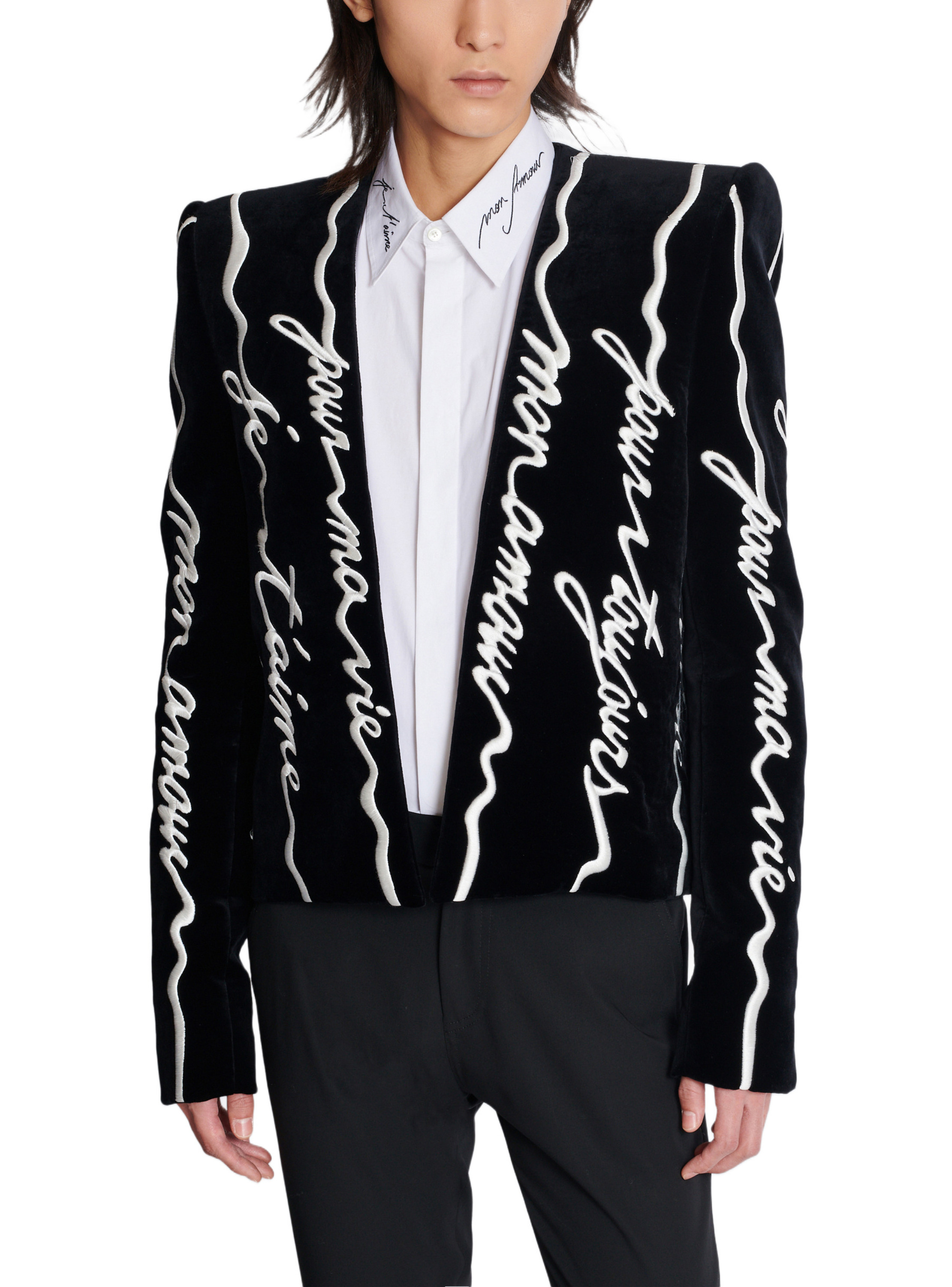 Spencer en velours brodé « lettre d'amour » all-over BALMAIN Noir